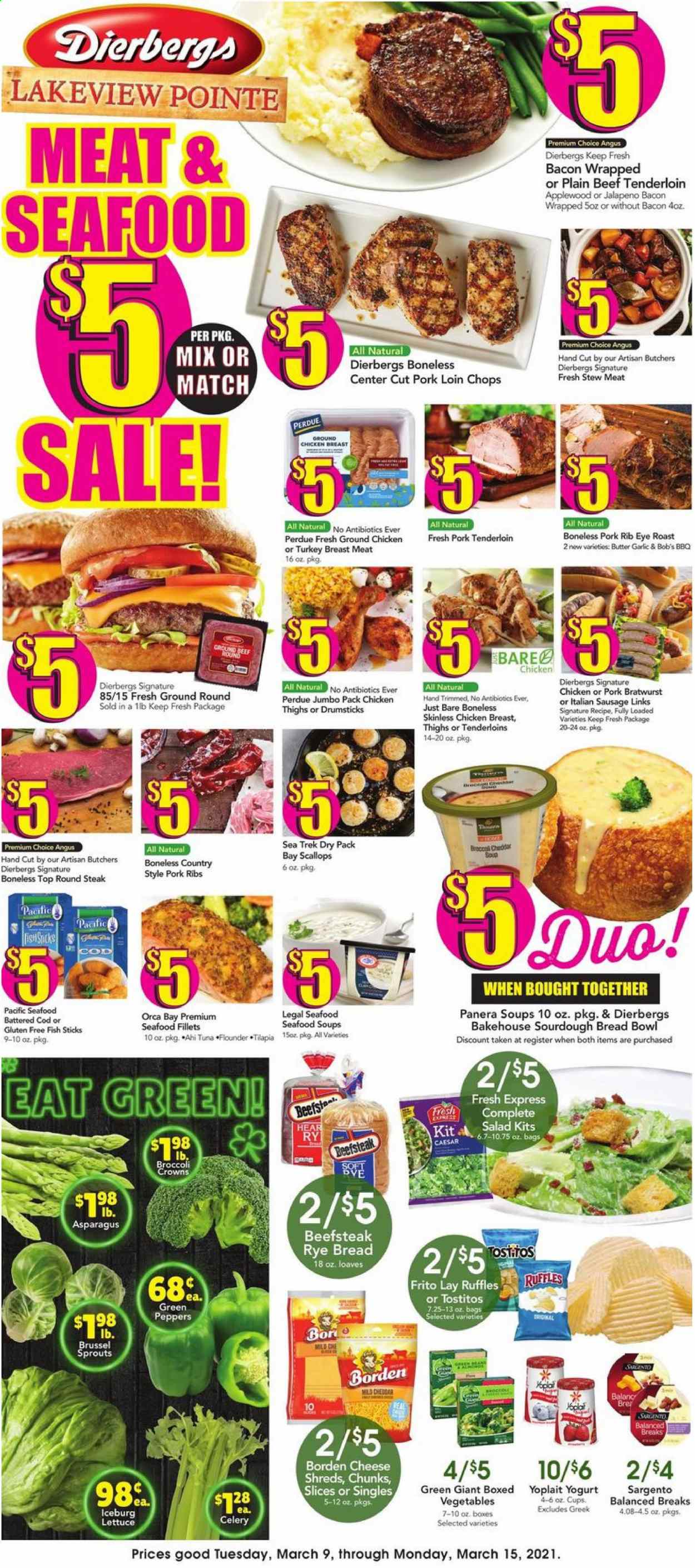 thumbnail - Dierbergs Flyer - 03/09/2021 - 03/15/2021 - Sales products - stew meat, celery, green beans, lettuce, bread, sourdough bread, cod, flounder, scallops, tilapia, tuna, seafood, fish, Orca Bay, soup, salad, Perdue®, fish sticks, bacon, bratwurst, sausage, italian sausage, mild cheddar, cheese, Sargento, yoghurt, Yoplait, beans, brussel sprouts, Ruffles, Tostitos, jalapeño, ground chicken, turkey breast, chicken breasts, beef meat, steak, beef tenderloin, round steak, pork loin, pork meat, pork ribs, pork tenderloin. Page 1.