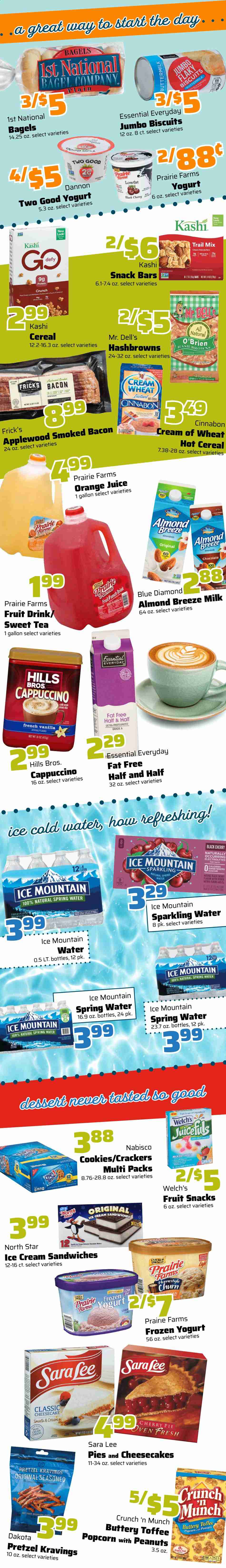 thumbnail - County Market Flyer - 03/10/2021 - 03/16/2021 - Sales products - Sara Lee, pretzels, bagels, cheesecake, pie, cream cheese, hash browns, Welch's, bacon, cheese, Almond Breeze, yoghurt, Dannon, buttermilk, almond milk, ice cream sandwich, ice cream, crackers, toffee, fruit snack, snack bar, biscuit, chocolate, cookies, popcorn, sugar, Cream of Wheat, granola bar, cereals, Blue Diamond, fruit drink, orange juice, juice, spring water, Ice Mountain, sparkling water, tea, cappuccino. Page 1.