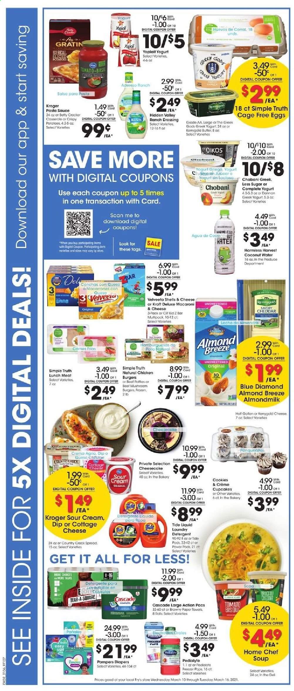 thumbnail - Fry’s Flyer - 03/10/2021 - 03/16/2021 - Sales products - mushrooms, cupcake, cheesecake, soup, hamburger, sauce, Kraft®, lunch meat, cottage cheese, cheddar, greek yoghurt, yoghurt, Oikos, Yoplait, Chobani, Dannon, Almond Breeze, almond milk, eggs, cage free eggs, sour cream, ranch dressing, salsa, dip, cookies, macaroni, esponja, pasta sauce, dressing, Blue Diamond, coconut water, Pampers, kitchen towels, paper towels, detergent, Cascade, Tide, laundry detergent, freezer. Page 3.