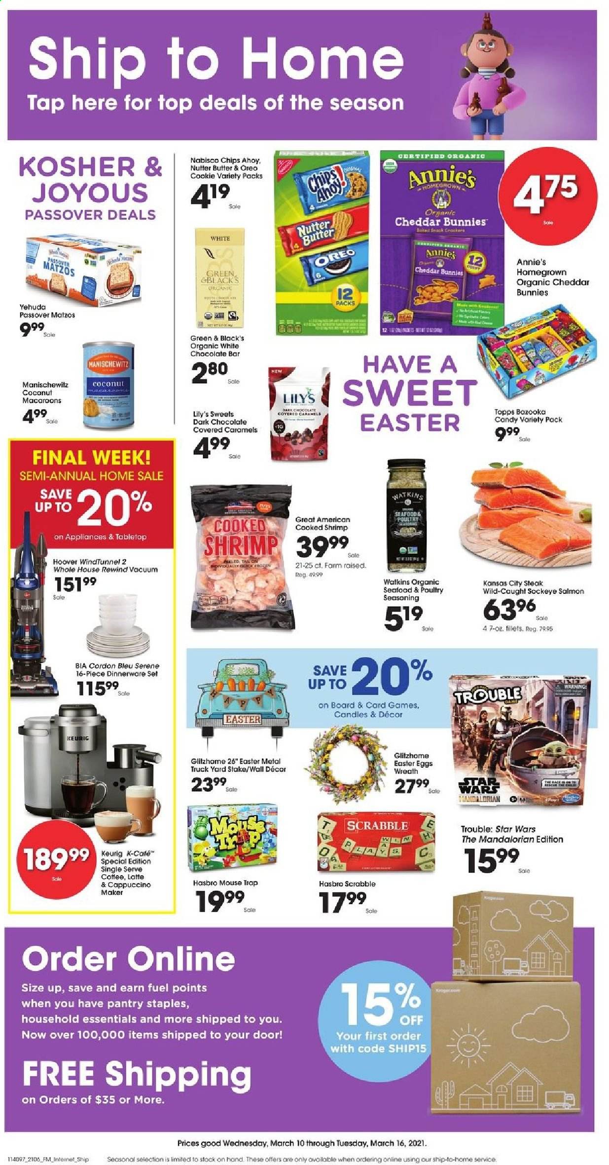 thumbnail - Kroger Flyer - 03/10/2021 - 03/16/2021 - Sales products - wall decor, wreath, easter egg, macaroons, coconut, salmon, shrimps, Annie's, Oreo, eggs, butter, cordon bleu, white chocolate, dark chocolate, chips, cappuccino, coffee, Keurig, steak, Yard, mouse trap, dinnerware set, candle, mouse, cappuccino maker, vacuum cleaner, Hasbro. Page 1.