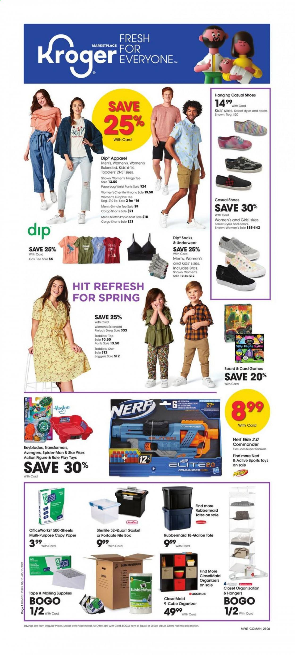 thumbnail - Kroger Flyer - 03/10/2021 - 03/16/2021 - Sales products - closet system, gallon, pizza, dip, Avengers, hanger, paper, Nerf, pants, dress, Kimono, shirt, socks, tote, shorts, underwear, Hasbro, toys, bra. Page 1.
