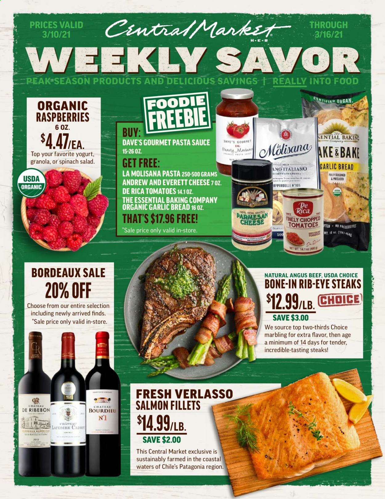 thumbnail - Central Market Flyer - 03/10/2021 - 03/16/2021 - Sales products - raspberries, bread, salmon, salmon fillet, salad, sauce, cheese, yoghurt, spinach, granola, pasta sauce, beef meat, steak, bone-in ribeye. Page 1.