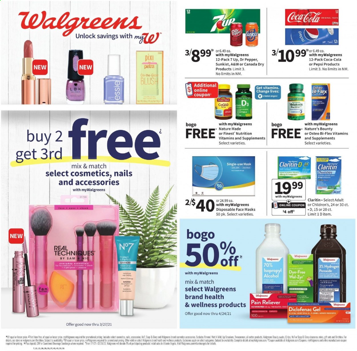 thumbnail - Walgreens Flyer - 03/14/2021 - 03/20/2021 - Sales products - Bounty, Canada Dry, Coca-Cola, Pepsi, Dr. Pepper, 7UP, A&W, soap, Melatonin, Nature Made, Nature's Bounty, Wal-Zyr, Osteo bi-flex, Bi-Flex, Spectrum, vitamin D3, face mask, 7 Days. Page 1.