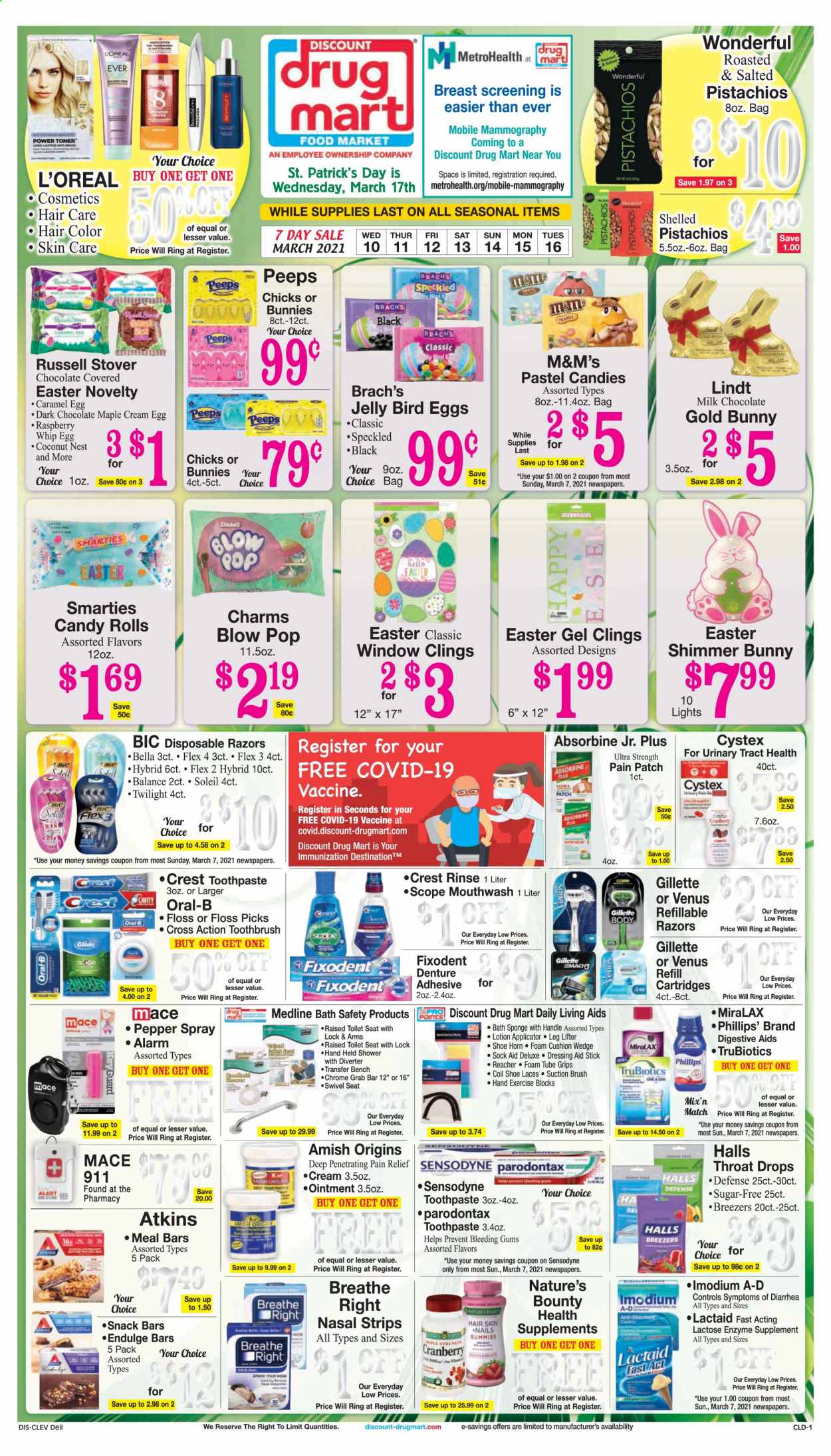 thumbnail - Discount Drug Mart Flyer - 03/10/2021 - 03/16/2021 - Sales products - coconut, Lactaid, jelly, eggs, milk chocolate, Halls, Lindt, Bounty, M&M's, dark chocolate, Digestive, snack bar, Peeps, snack, sugar, pepper, caramel, dressing, pistachios, ointment, Bella, Rin, toothbrush, Oral-B, toothpaste, Sensodyne, mouthwash, Fixodent, Crest, L’Oréal, hair color, body lotion, BIC, Gillette, Venus, disposable razor, pepper spray, sponge, cushion, pain relief, MiraLAX, Imodium. Page 1.