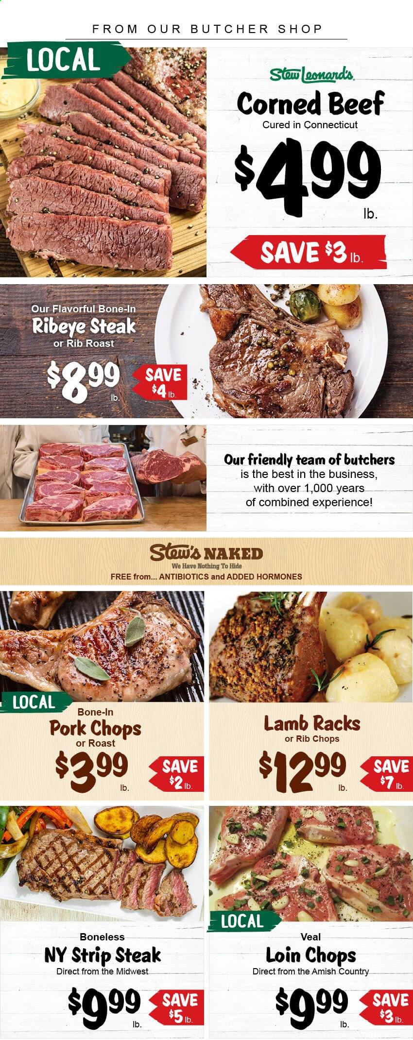 thumbnail - Stew Leonard's Flyer - 03/10/2021 - 03/16/2021 - Sales products - beef meat, beef steak, corned beef, steak, bone-in ribeye, ribeye steak, striploin steak, pork chops, pork meat, rib chops. Page 1.