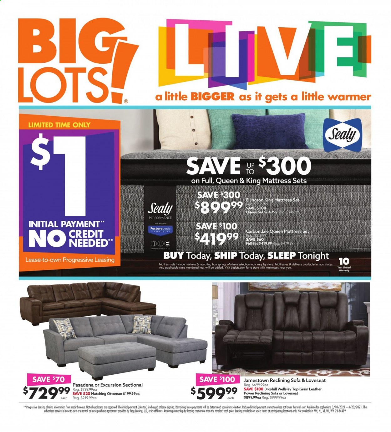 thumbnail - Big Lots Flyer - 03/13/2021 - 03/20/2021 - Sales products - loveseat, sofa, ottoman, mattress. Page 1.