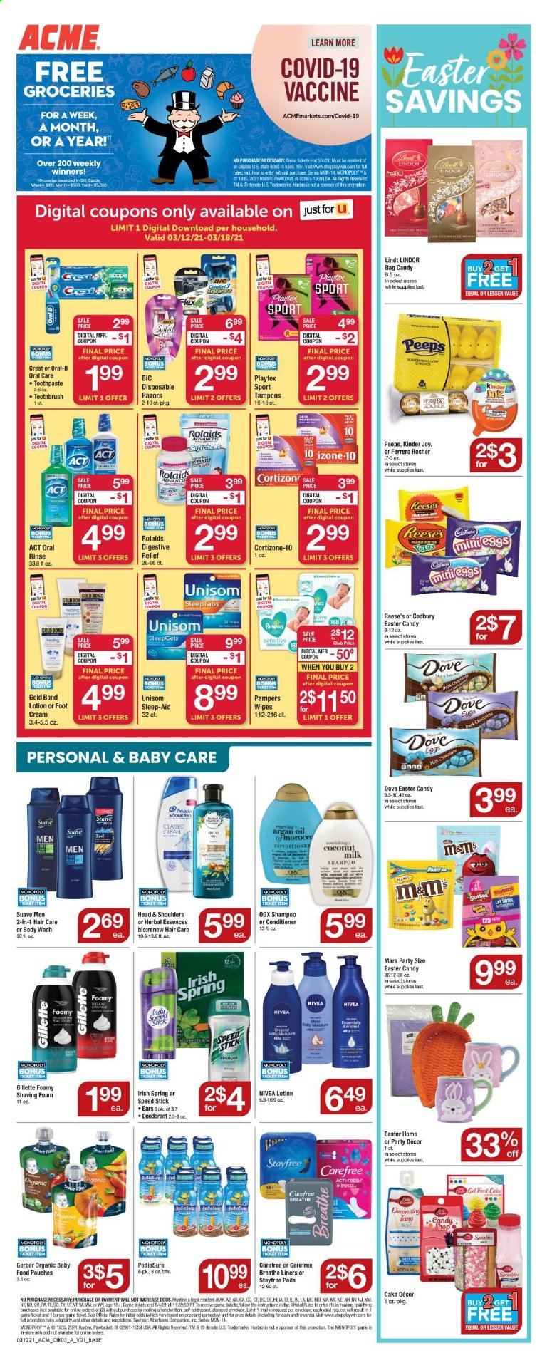 thumbnail - ACME Flyer - 03/12/2021 - 03/18/2021 - Sales products - cake, curd, Reese's, Lindt, Lindor, Ferrero Rocher, Kinder Joy, Mars, Cadbury, Digestive, Peeps, Gerber, coconut milk, oil, Pampers, Nivea, Dove, wipes, Joy, body wash, shampoo, Suave, toothbrush, Oral-B, toothpaste, Crest, Stayfree, Playtex, Carefree, tampons, OGX, conditioner, Head & Shoulders, Herbal Essences, body lotion, anti-perspirant, Speed Stick, deodorant, BIC, Gillette, shaving foam, disposable razor, bag, Monopoly, Hasbro, Unisom, argan oil. Page 4.