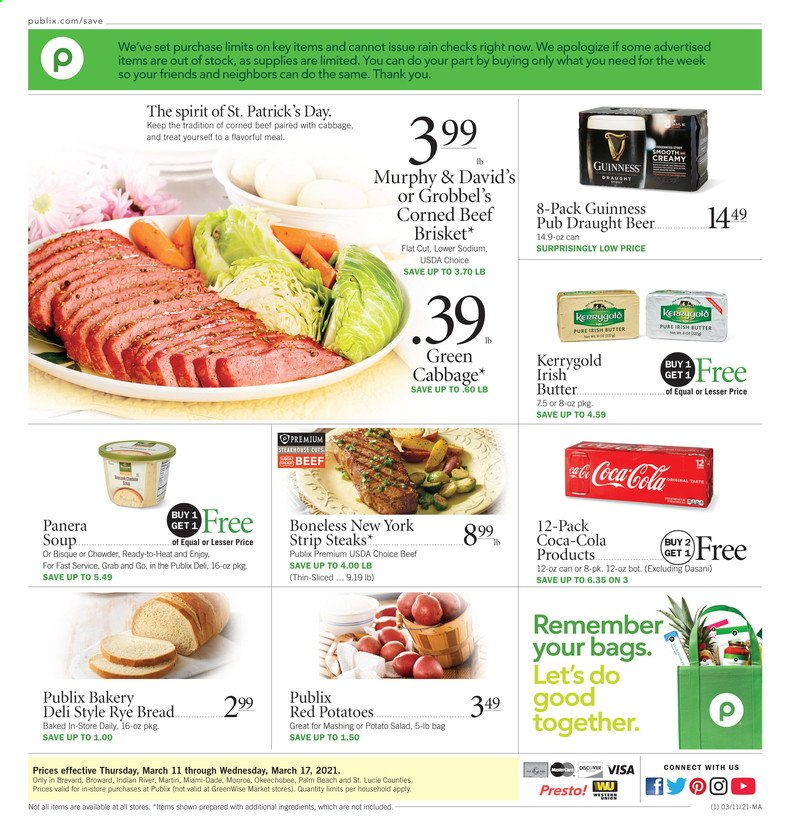 thumbnail - Publix Flyer - 03/11/2021 - 03/17/2021 - Sales products - bread, soup, potato salad, irish butter, Coca-Cola, beer, Guinness, beef meat, corned beef, steak, striploin steak, beef brisket. Page 1.