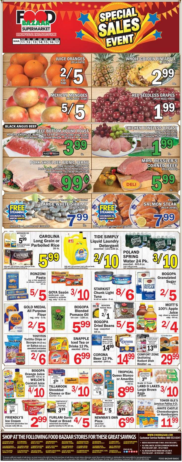 thumbnail - Food Bazaar Flyer - 03/11/2021 - 03/17/2021 - Sales products - seedless grapes, bread, toast bread, salmon, tuna, shrimps, StarKist, pizza, Welch's, bacon, sausage, eggs, salsa, ice cream, Friendly's Ice Cream, beans, mango, McCain, tortilla chips, Tostitos, all purpose flour, flour, granulated sugar, sugar, garlic, light tuna, Goya, rice, spaghetti, pasta, parboiled rice, oil, apple juice, orange juice, soda, juice, Snapple, Mott's, seltzer water, spring water, sparkling water, beer, Corona Extra, Castle, Modelo, beef meat, corned beef, steak, round roast, pork meat, pork shoulder, grapes, pineapple. Page 1.