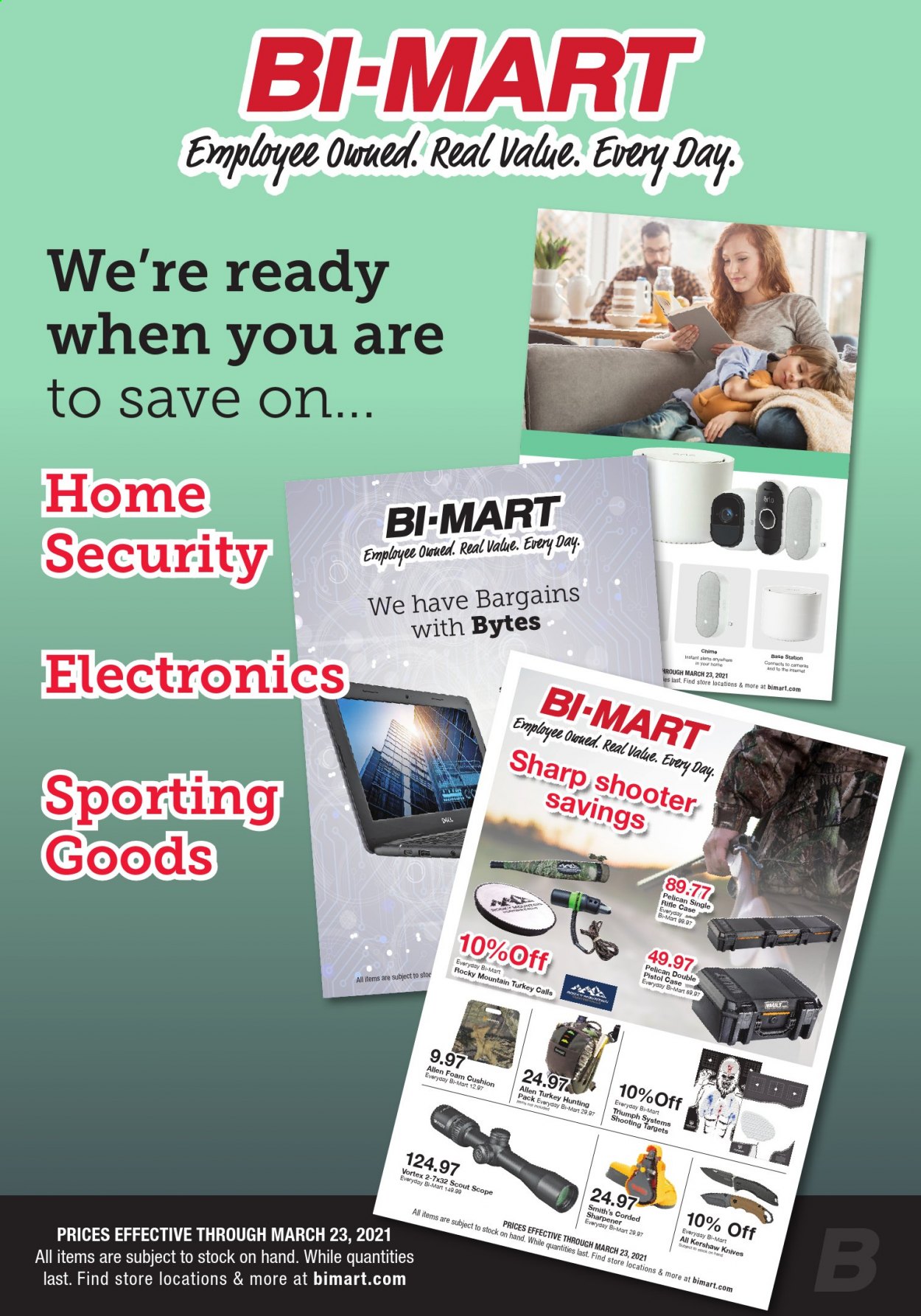thumbnail - Bi-Mart Flyer - 03/10/2021 - 03/23/2021 - Sales products - cushion, Smith's, knife, Sharp, sharpener, camera, rifle, pistol case. Page 1.