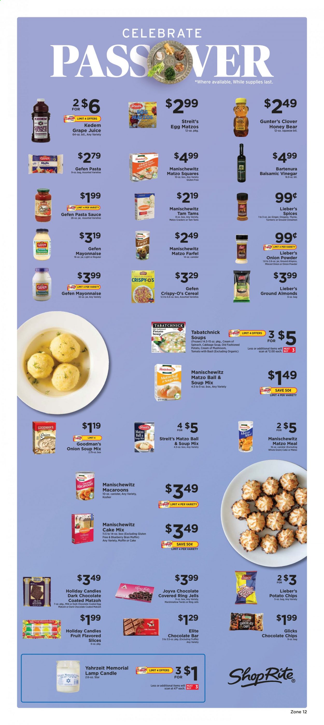 thumbnail - ShopRite Flyer - 03/14/2021 - 03/27/2021 - Sales products - mushrooms, cake mix, macaroons, ginger, onion soup, soup mix, soup, sauce, Clover, milk, eggs, mayonnaise, spinach, marshmallows, crackers, potato chips, matzo meal, cereals, esponja, turmeric, onion powder, cinnamon, pasta sauce, balsamic vinegar, honey, almonds, juice, candle. Page 1.