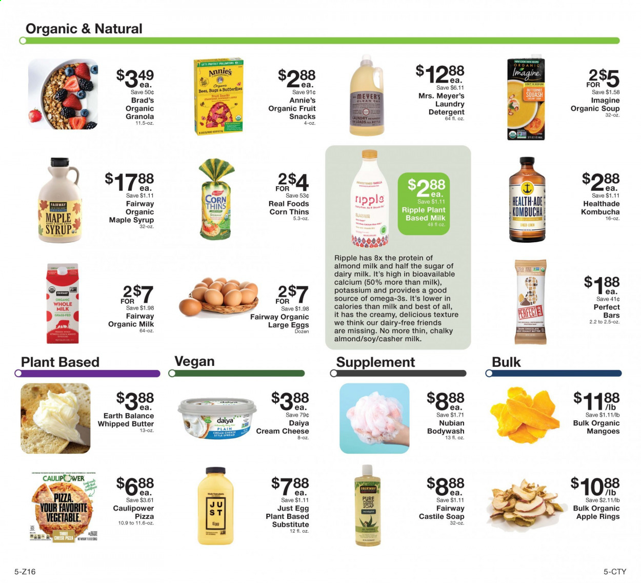 thumbnail - Fairway Market Flyer - 03/12/2021 - 03/18/2021 - Sales products - Corn Thins, ginger, cream cheese, pizza, soup, Annie's, cheese, almond milk, organic milk, large eggs, whipped butter, corn, mango, Dairy Milk, fruit snack, Thins, granola, maple syrup, syrup, kombucha. Page 5.