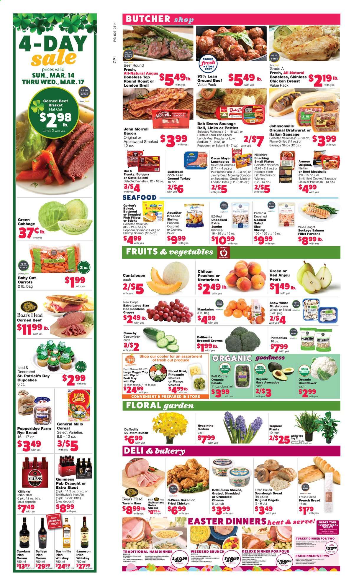 thumbnail - Family Fare Flyer - 03/14/2021 - 03/20/2021 - Sales products - mushrooms, cantaloupe, seedless grapes, bread, sausage rolls, sourdough bread, Johnsonville, bagels, cupcake, pears, coconut, fish fillets, salmon, salmon fillet, seafood, fish, shrimps, Gorton's, meatballs, salad, fried chicken, breaded fish, fish sticks, Lunchables, Bob Evans, Jimmy Dean, bacon, salami, ham, Hillshire Farm, bologna sausage, Oscar Mayer, bratwurst, sausage, pepperoni, italian sausage, lunch meat, cheese, dip, beans, carrots, cauliflower, strips, cucumber, mandarines, cereals, macaroni, pistachios, whiskey, Jameson, Baileys, whisky, Guinness, Butterball, ground turkey, chicken breasts, beef meat, corned beef, ground beef, round roast, beef brisket, tray, plate, casserole, avocado, grapes, kiwi, nectarines, pineapple. Page 2.