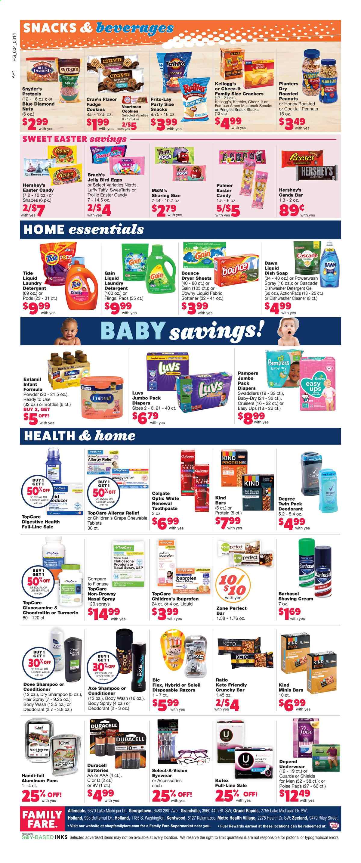 thumbnail - Family Fare Flyer - 03/14/2021 - 03/20/2021 - Sales products - pretzels, jelly, eggs, Reese's, Hershey's, cookies, fudge, chocolate, crackers, Kellogg's, dark chocolate, Digestive, Keebler, Pringles, snack, Frito-Lay, Cheez-It, Zone Perfect, turmeric, honey, almonds, roasted peanuts, peanuts, Planters, Blue Diamond, Coca-Cola, Enfamil, Pampers, Dove, detergent, Gain, cleaner, Cascade, Tide, fabric softener, laundry detergent, Bounce, washing gel, dryer sheets, dishwashing liquid, dishwasher cleaner, body wash, shampoo, soap, Colgate, toothpaste, Kotex, conditioner, body spray, anti-perspirant, deodorant, BIC, Barbasol, disposable razor, pan, battery, Duracell, glucosamine, Ibuprofen, nasal spray, allergy relief. Page 4.