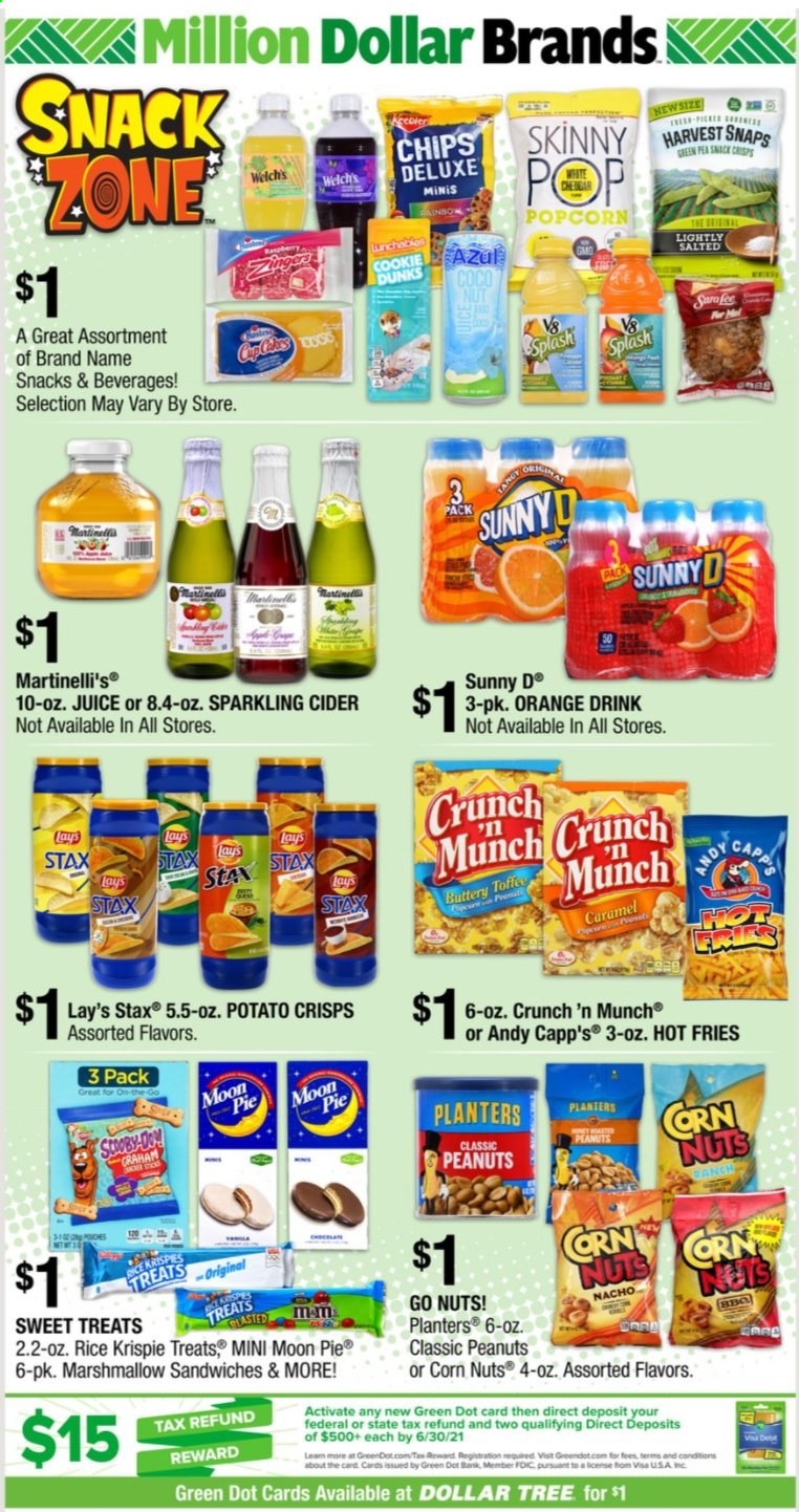 thumbnail - Dollar Tree Flyer - 03/14/2021 - 03/17/2021 - Sales products - pie, oranges, Welch's, corn, potato fries, marshmallows, toffee, potato crisps, chips, snack, Lay’s, popcorn, Harvest Snaps, rice, caramel, peanuts, Planters, juice, sparkling cider, apple cider, cap. Page 3.