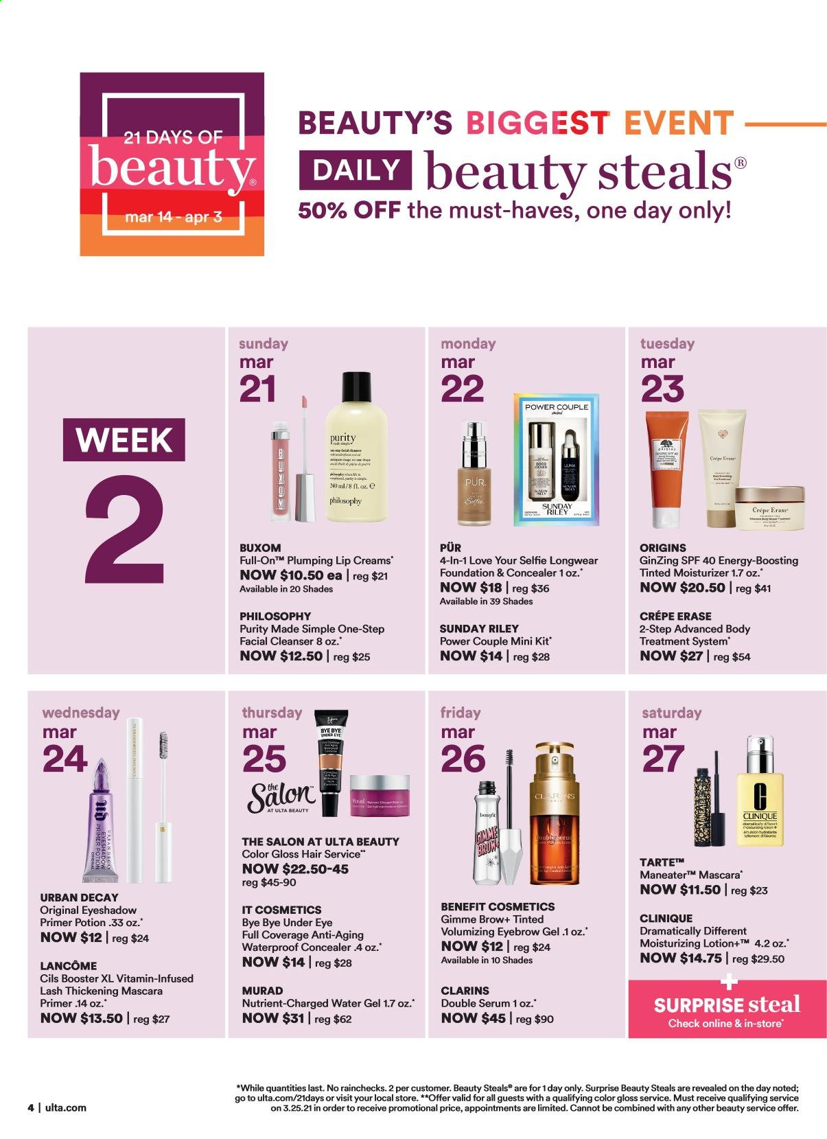 thumbnail - Ulta Beauty Flyer - 03/14/2021 - 04/03/2021 - Sales products - cleanser, Clinique, Lancôme, moisturizer, serum, body lotion, body treatment, eyeshadow, mascara. Page 4.