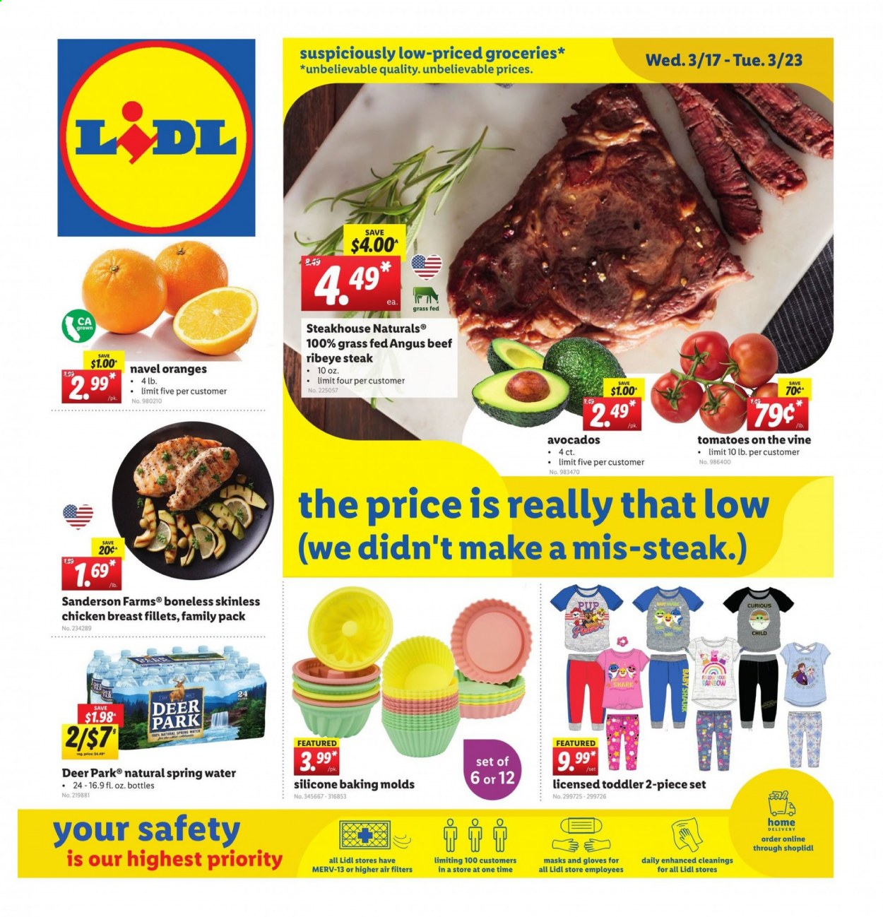 thumbnail - Lidl Flyer - 03/17/2021 - 03/23/2021 - Sales products - oranges, spring water, chicken breasts, beef meat, beef steak, steak, ribeye steak, gloves, avocado. Page 1.