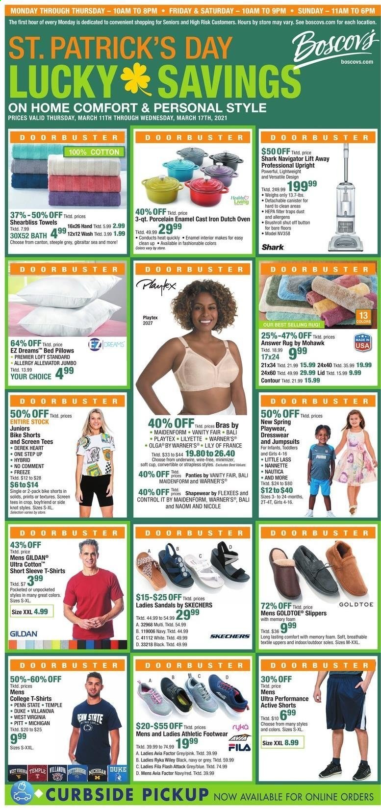 thumbnail - Boscov's Flyer - 03/14/2021 - 03/17/2021 - Sales products - Fila, sandals, slippers, Skechers, Ryka, Playtex, contour, pillow, towel, bed, vanity, t-shirt, vest, shorts, bra, panties. Page 1.