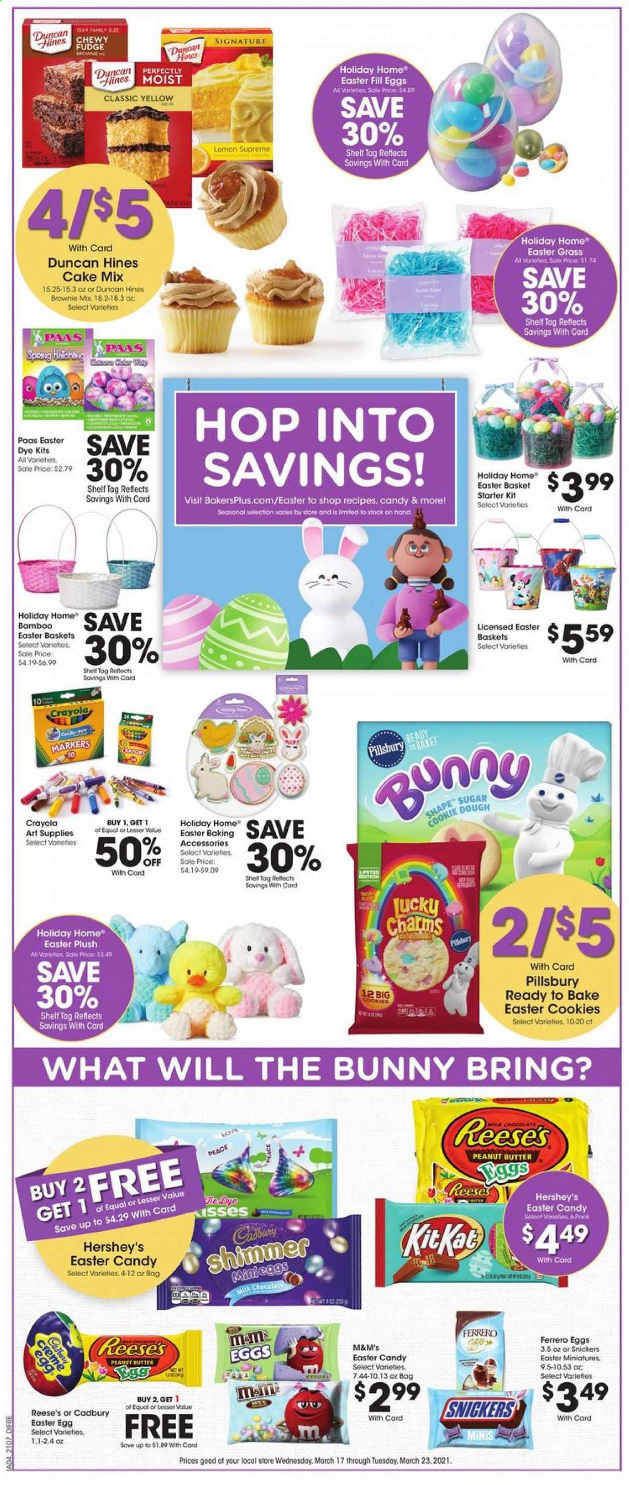 thumbnail - Baker's Flyer - 03/17/2021 - 03/23/2021 - Sales products - brownie mix, cake mix, Pillsbury, milk, Reese's, Hershey's, cookie dough, cookies, fudge, chocolate, Ferrero Rocher, Snickers, M&M's, Cadbury, sugar, basket, crayons, easter egg, easter basket, plush toy, Shell. Page 1.