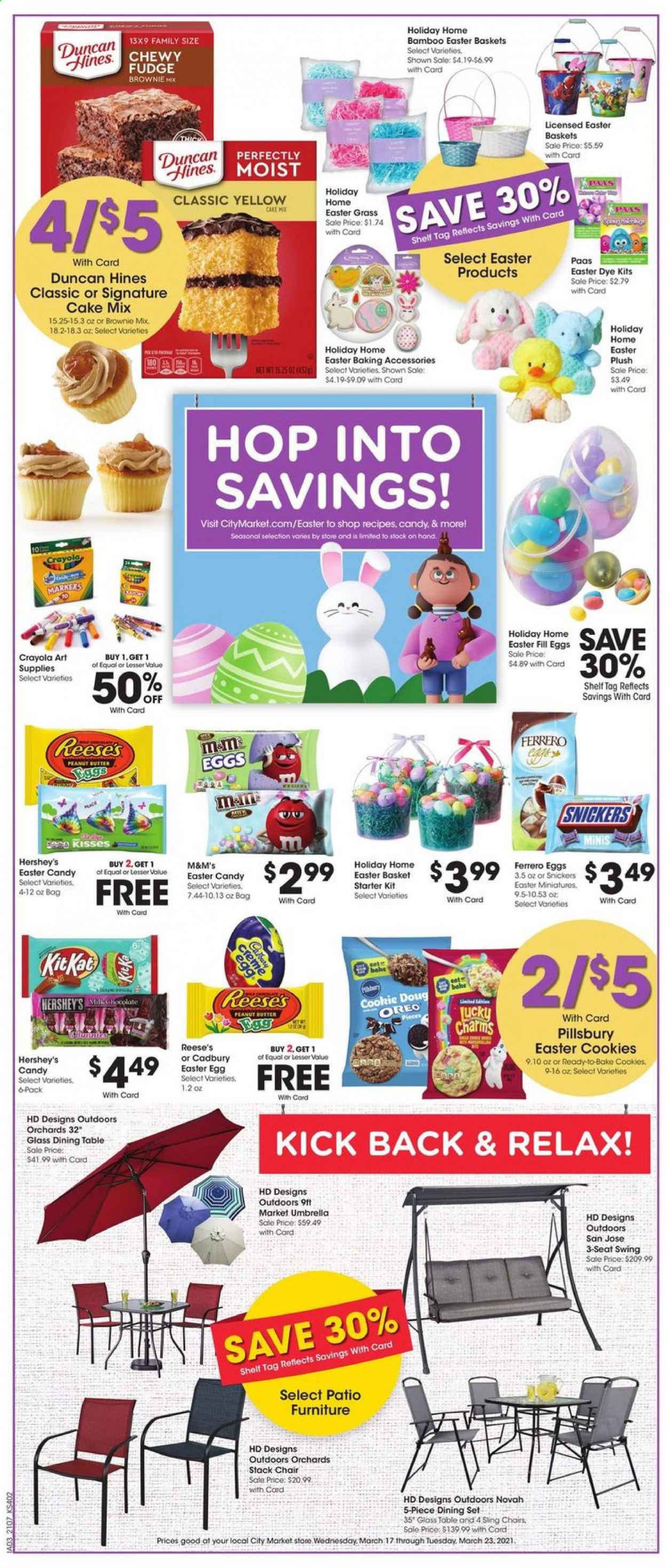 thumbnail - City Market Flyer - 03/17/2021 - 03/23/2021 - Sales products - brownie mix, cake mix, Pillsbury, Oreo, Reese's, Hershey's, cookies, fudge, Ferrero Rocher, Snickers, M&M's, Cadbury, basket, baking accessories, crayons, plush toy. Page 1.