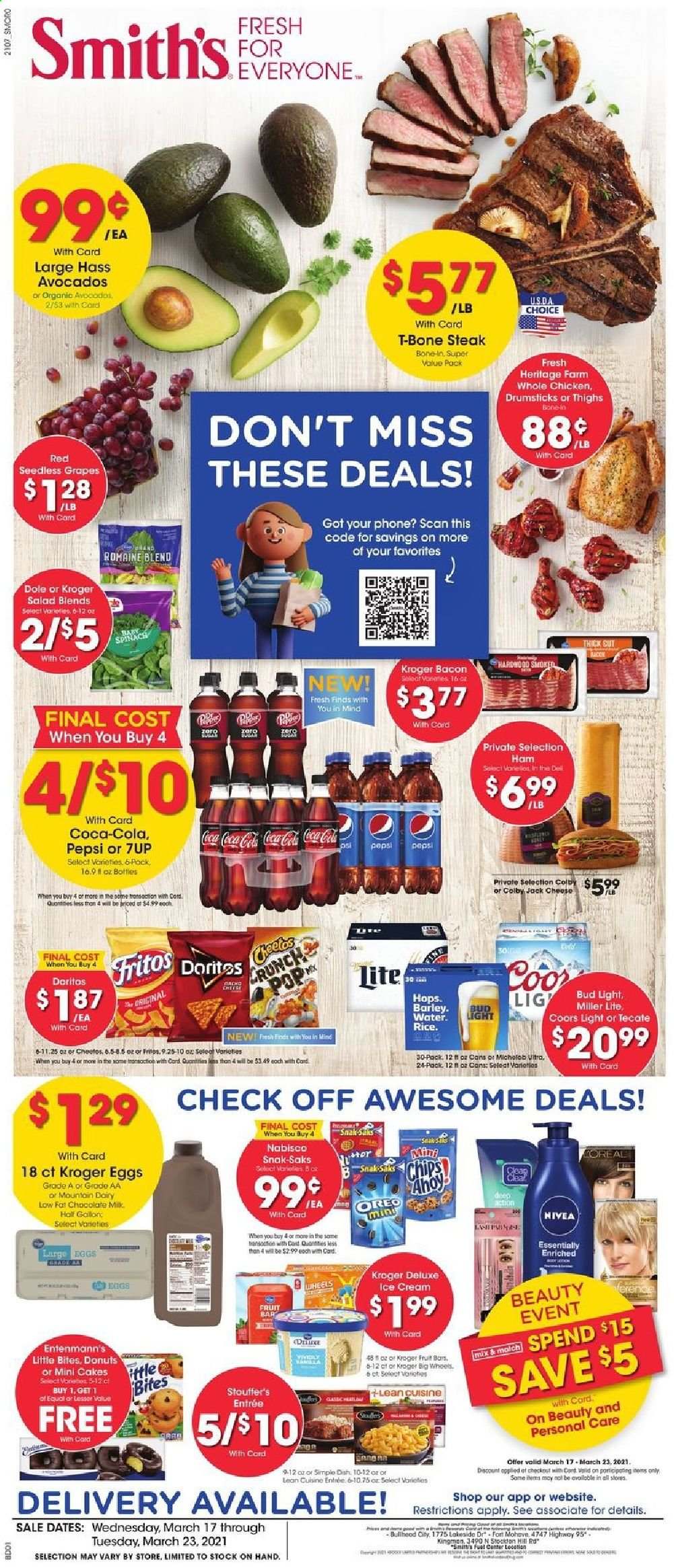 thumbnail - Smith's Flyer - 03/17/2021 - 03/23/2021 - Sales products - seedless grapes, Dole, cake, donut, Entenmann's, Little Bites, salad, Lean Cuisine, bacon, ham, Colby cheese, Oreo, milk, large eggs, ice cream, spinach, Stouffer's, chocolate, Doritos, Cheetos, chips, Smith's, Fritos, Coca-Cola, Pepsi, 7UP, beer, Miller Lite, Coors, Michelob, Bud Light, whole chicken, beef meat, t-bone steak, steak, Nivea. Page 1.