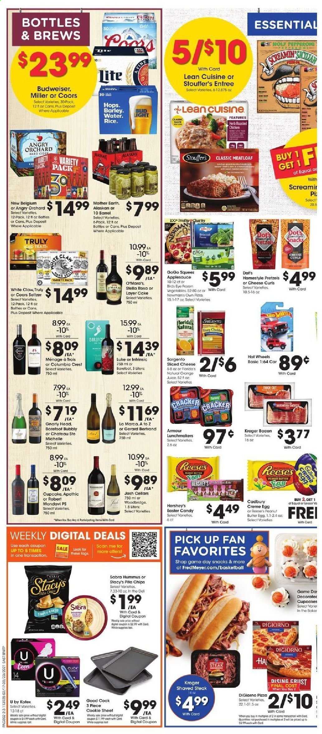 thumbnail - Fred Meyer Flyer - 03/17/2021 - 03/23/2021 - Sales products - Budweiser, Coors, pretzels, cupcake, cake, pizza, meatloaf, Bird's Eye, Lean Cuisine, bacon, hummus, sliced cheese, Sargento, Reese's, Hershey's, frozen vegetables, Stouffer's, crackers, Cadbury, Mother Earth, Florida's Natural, snack, herbs, apple sauce, juice, seltzer water, wine, Woodbridge, apple cider, White Claw, TRULY, beer, Bud Light, Miller, steak, Crest, Kotex, Hot Wheels. Page 2.