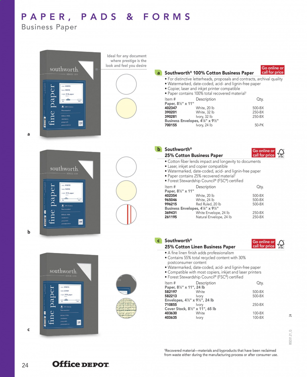 thumbnail - Office DEPOT Flyer - Sales products - envelope, paper, printer. Page 24.
