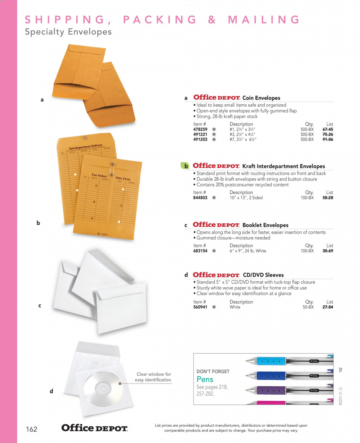 thumbnail - Office DEPOT Flyer - Sales products - envelope, paper, DVD. Page 162.