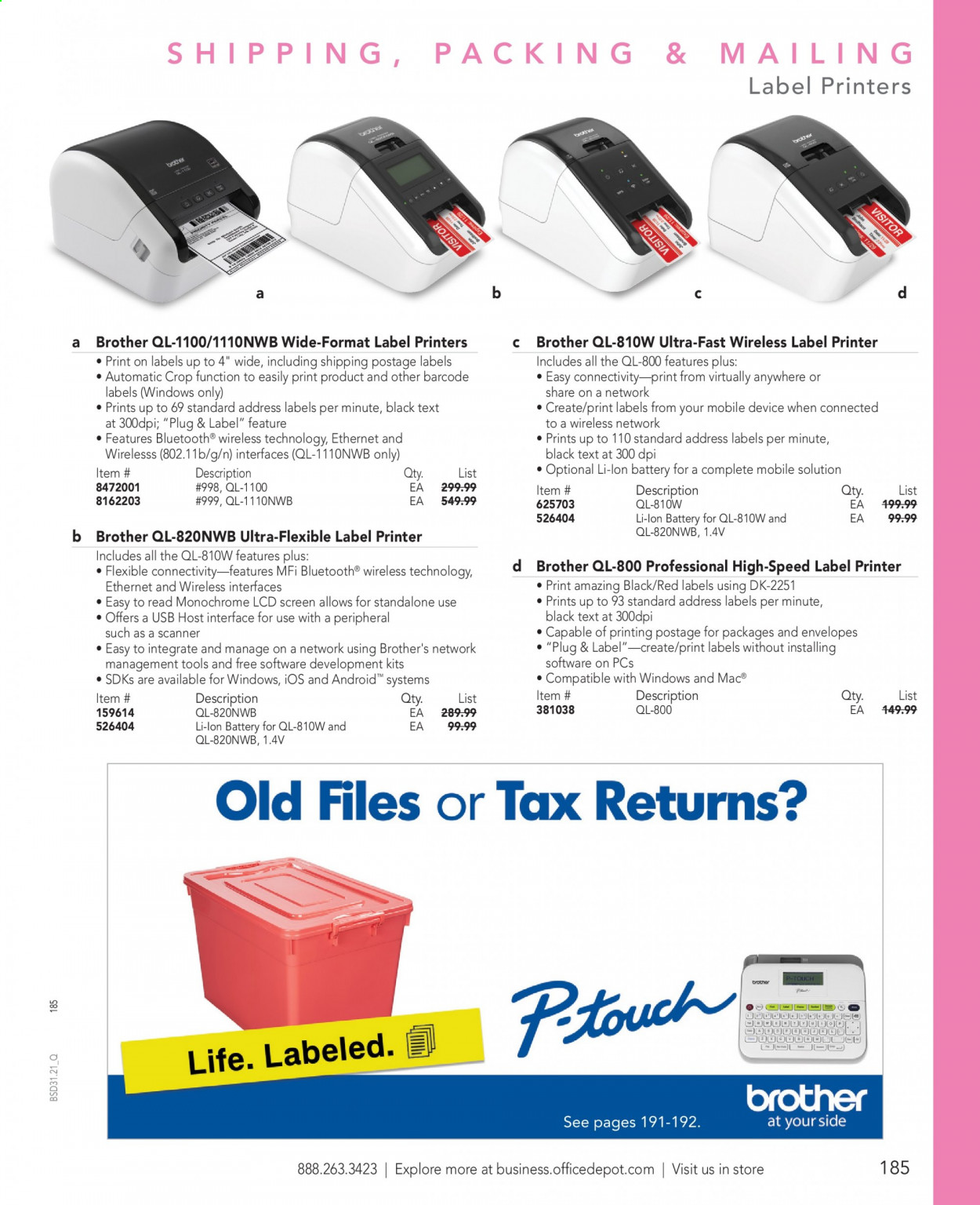thumbnail - Office DEPOT Flyer - Sales products - Brother, envelope, printer, scanner. Page 185.