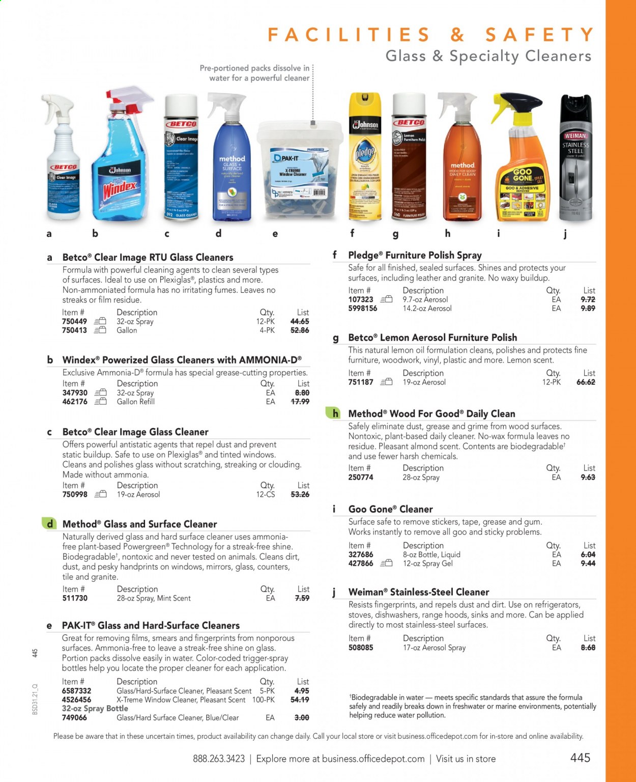 thumbnail - Office DEPOT Flyer - Sales products - Windex, surface cleaner, cleaner, glass cleaner, Pledge, sticker. Page 445.