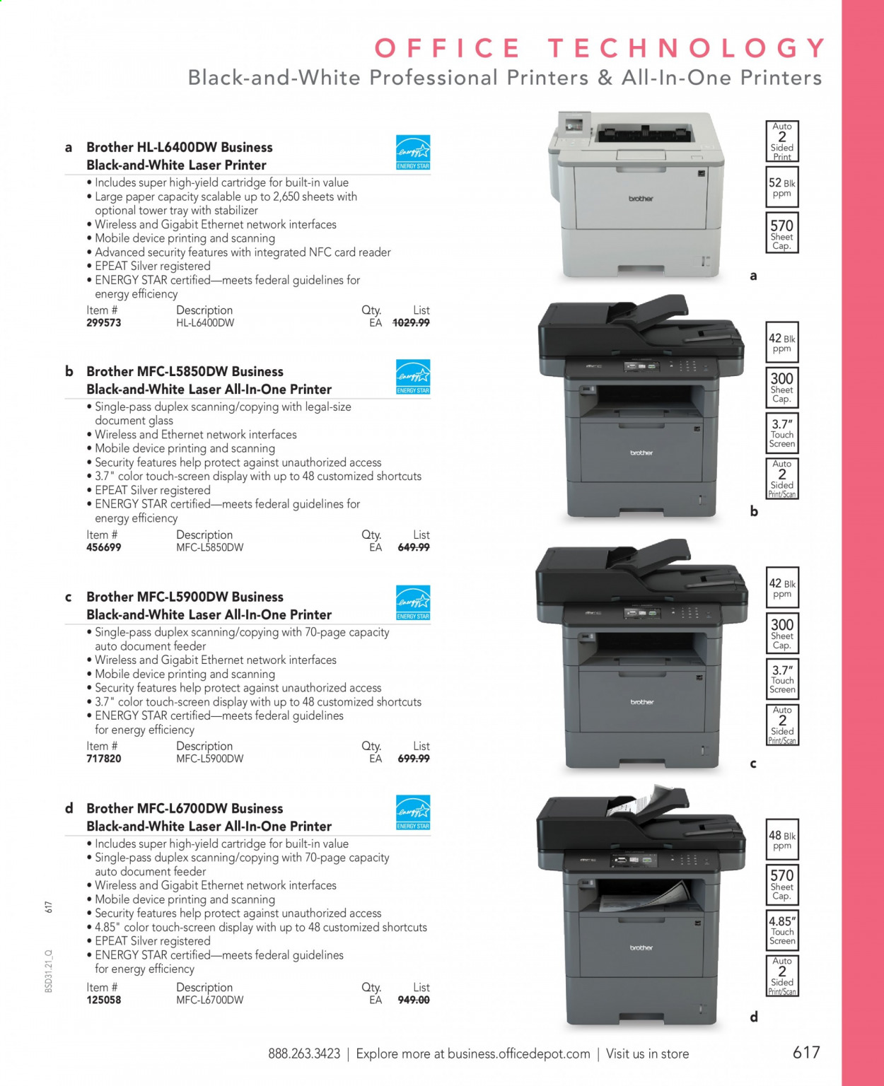 thumbnail - Office DEPOT Flyer - Sales products - Brother, paper, all-in-one printer, laser printer, printer, cartridge. Page 617.