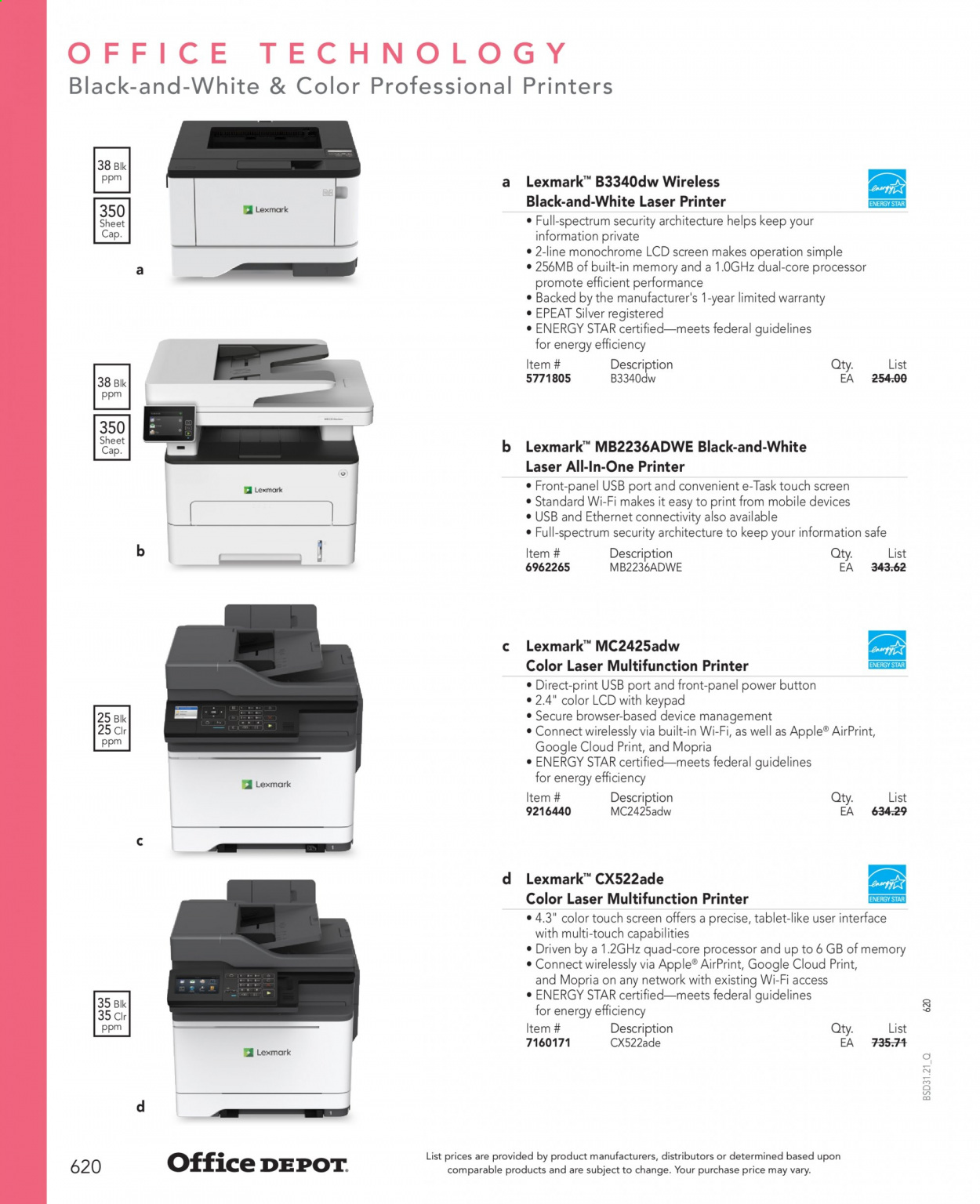 thumbnail - Office DEPOT Flyer - Sales products - tablet, all-in-one printer, laser printer, printer. Page 620.
