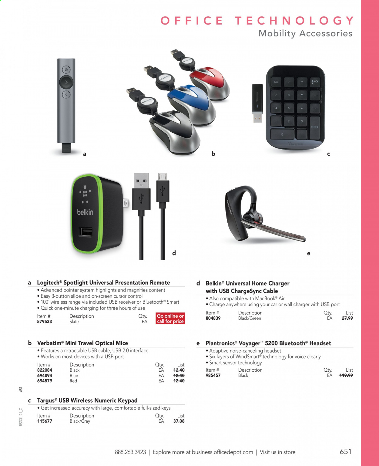 thumbnail - Office DEPOT Flyer - Sales products - spotlight, MacBook, Logitech, mouse, receiver, Plantronics, headset, universal charger. Page 651.