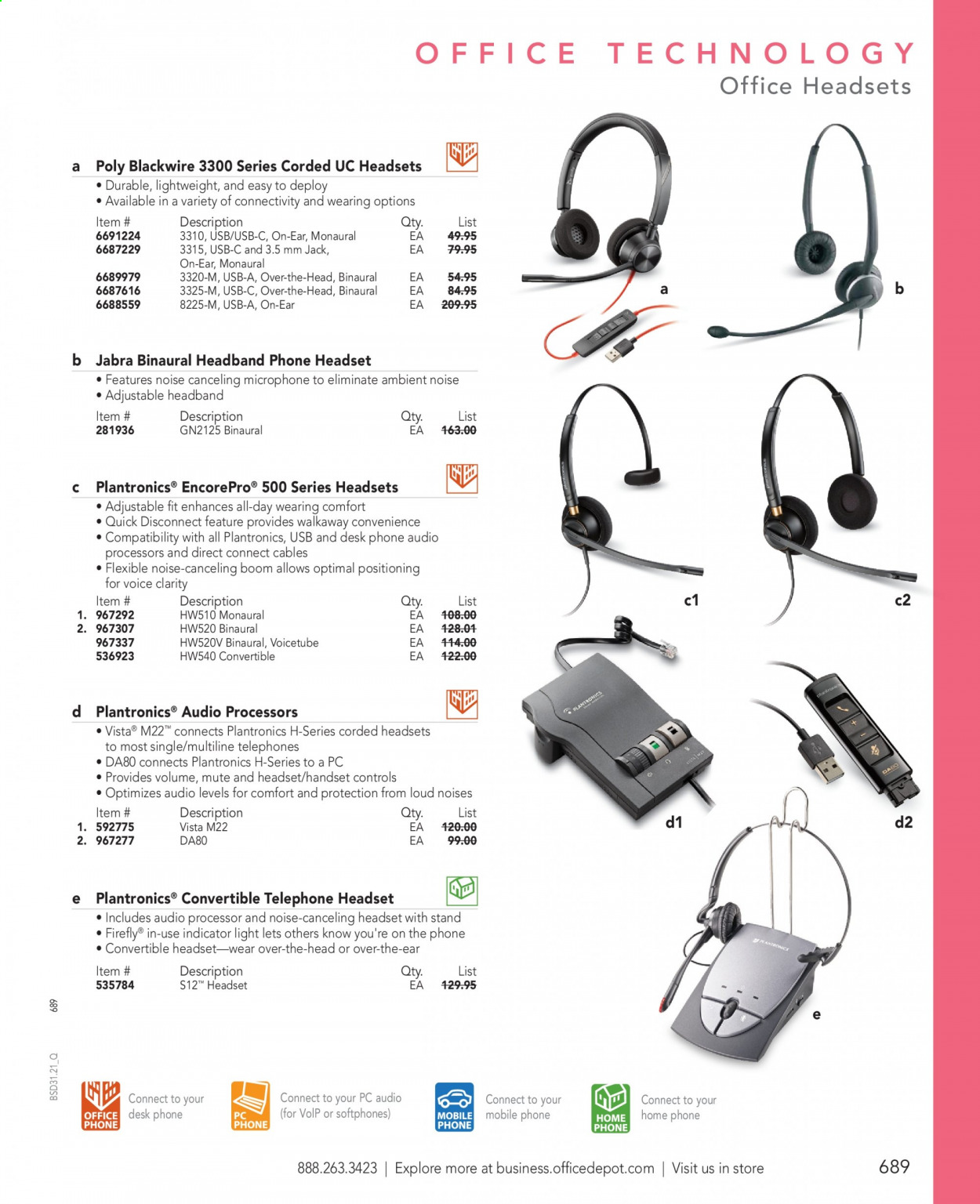 thumbnail - Office DEPOT Flyer - Sales products - Plantronics, microphone, headset, Jabra, office desk. Page 689.