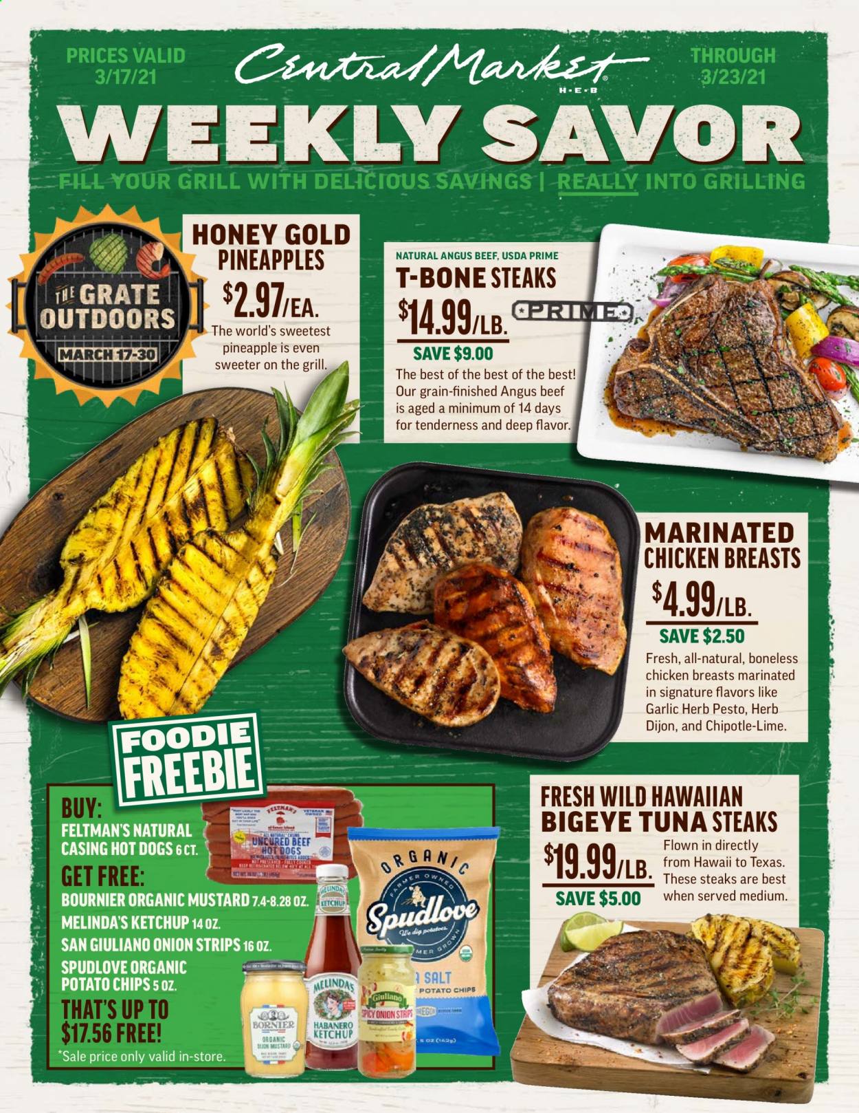 thumbnail - Central Market Flyer - 03/17/2021 - 03/23/2021 - Sales products - tuna, hot dog, strips, potato chips, chips, garlic, herbs, mustard, ketchup, pesto, honey, chicken breasts, beef meat, t-bone steak, steak, pineapple. Page 1.