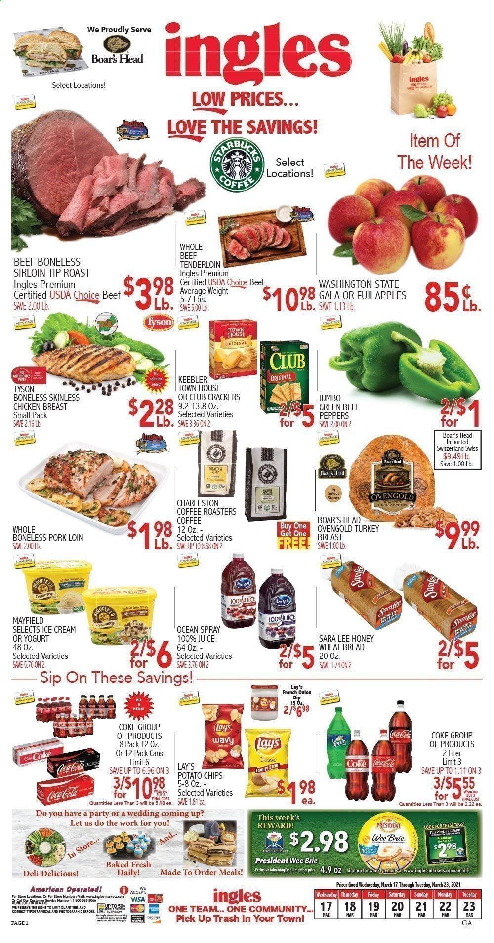 thumbnail - Ingles Flyer - 03/17/2021 - 03/23/2021 - Sales products - bell peppers, wheat bread, Sara Lee, brie, Président, yoghurt, dip, ice cream, crackers, Keebler, potato chips, chips, Lay’s, Coca-Cola, Sprite, juice, coffee, turkey breast, chicken breasts, beef meat, beef tenderloin, pork loin, pork meat. Page 1.