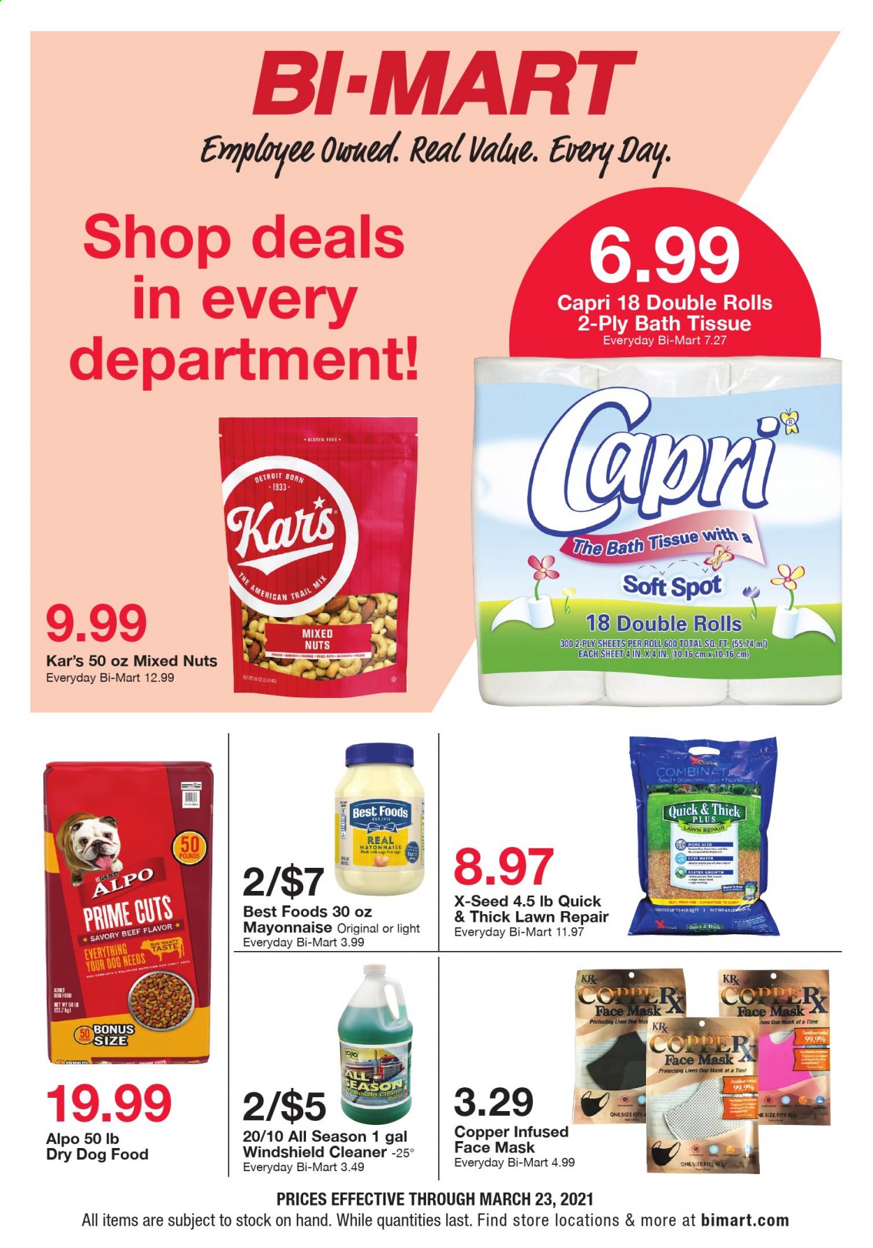 thumbnail - Bi-Mart Flyer - 03/17/2021 - 03/23/2021 - Sales products - eggs, cage free eggs, mayonnaise, mixed nuts, bath tissue, cleaner, Alpo, animal food, dog food, dry dog food, plant seeds, face mask. Page 1.