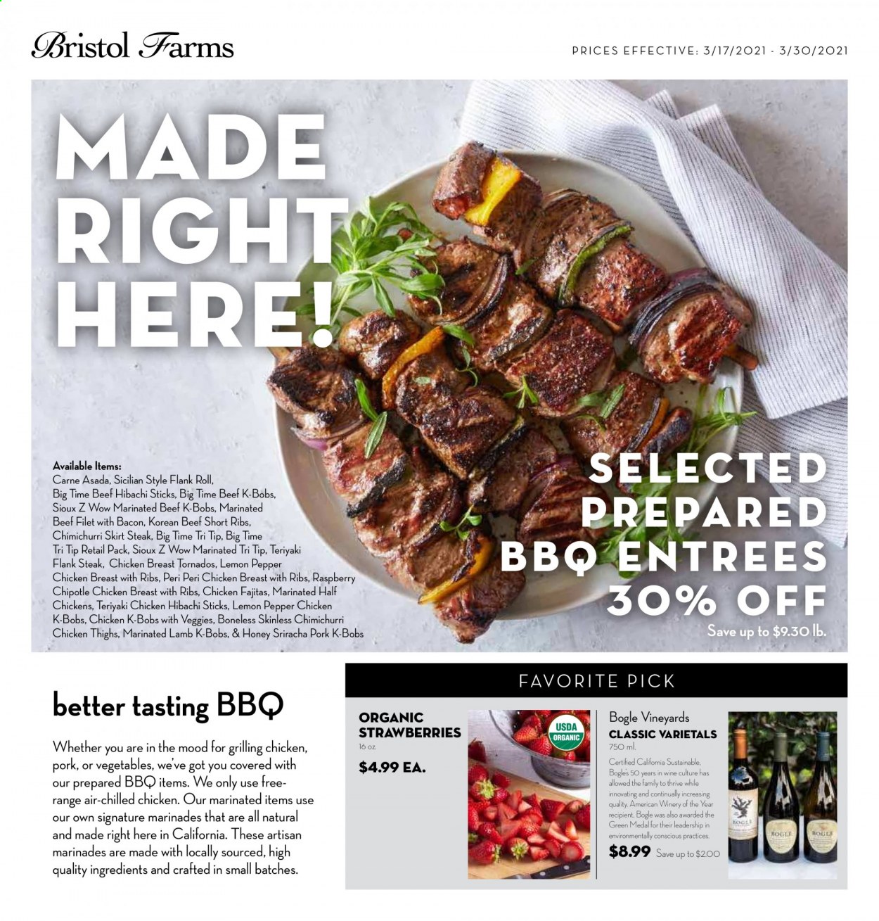thumbnail - Bristol Farms Flyer - 03/17/2021 - 03/30/2021 - Sales products - strawberries, sriracha, teriyaki sauce, honey, wine, chicken breasts, chicken thighs, beef meat, beef ribs, steak, flank steak. Page 1.
