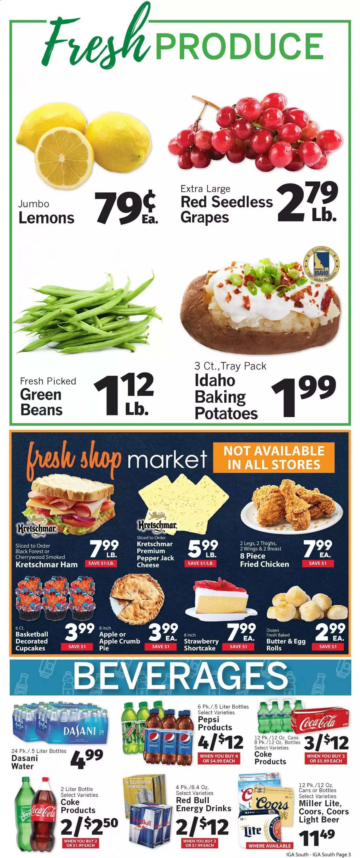 thumbnail - IGA Flyer - 03/17/2021 - 03/23/2021 - Sales products - Miller Lite, Coors, cupcake, pie, egg rolls, fried chicken, ham, Pepper Jack cheese, cheese, butter, Coca-Cola, Pepsi, energy drink, Red Bull, beer, tray, grapes. Page 3.