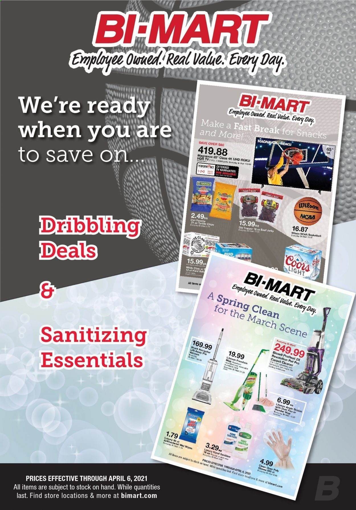 thumbnail - Bi-Mart Flyer - 03/17/2021 - 04/06/2021 - Sales products - beef jerky, jerky, snack, beer, Coors, Bud Light, cleaner, hand sanitizer, mop, broom, roku tv, TV, Bissell, vacuum cleaner, gloves. Page 1.
