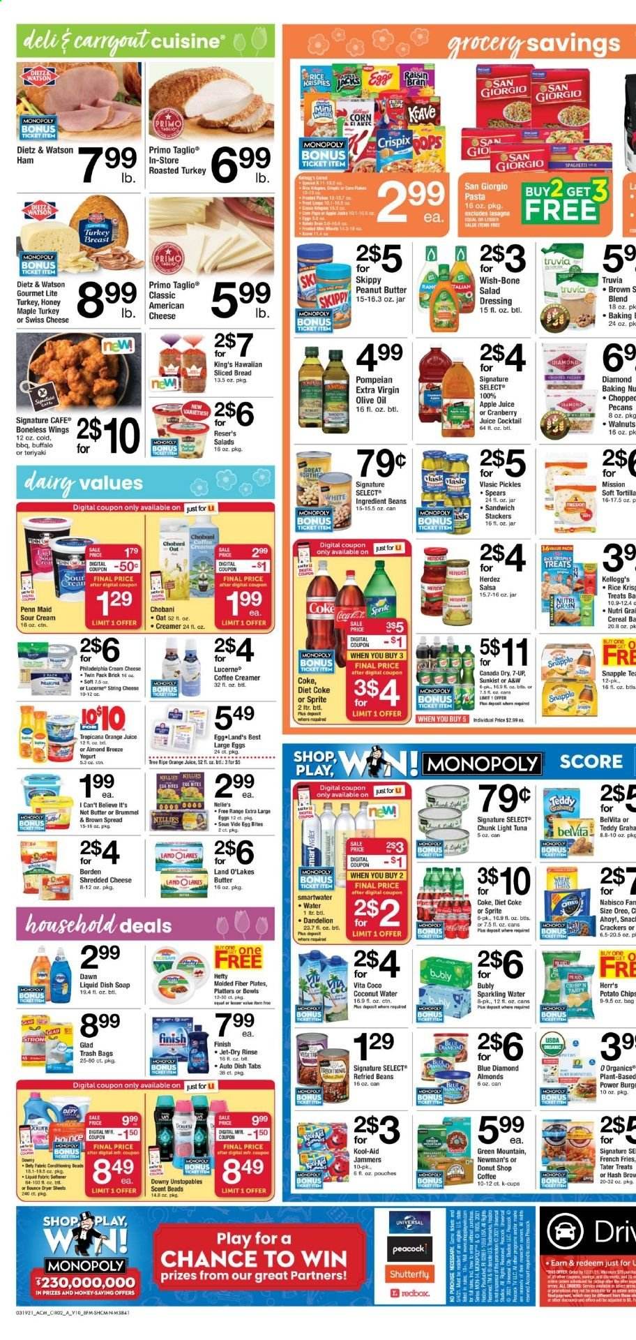 thumbnail - ACME Flyer - 03/19/2021 - 03/25/2021 - Sales products - bread, tortillas, tuna, cream cheese, sandwich, lasagna meal, ham, Dietz & Watson, american cheese, shredded cheese, swiss cheese, Philadelphia, Oreo, yoghurt, Chobani, large eggs, I Can't Believe It's Not Butter, sour cream, creamer, coffee and tea creamer, salsa, beans, corn, pickles, potato fries, french fries, crackers, Kellogg's, potato chips, chips, oats, refried beans, light tuna, cereals, Rice Krispies, Raisin Bran, belVita, pasta, salad dressing, dressing, teriyaki sauce, extra virgin olive oil, olive oil, honey, peanut butter, almonds, walnuts, pecans, Blue Diamond, apple juice, Canada Dry, Coca-Cola, cranberry juice, Sprite, orange juice, juice, Diet Coke, 7UP, Snapple, A&W, sparkling water, tea, coffee capsules, K-Cups, Green Mountain, turkey breast, Unstopables, Bounce, dryer sheets, Jet, soap, Hefty, trash bags, plate, bag, Monopoly, teddy. Page 2.