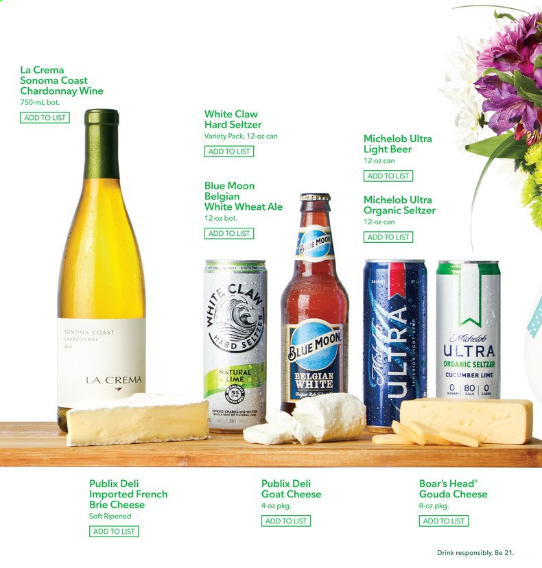 thumbnail - Publix Flyer - 03/18/2021 - 08/04/2021 - Sales products - Blue Moon, Michelob, goat cheese, gouda, cheese, brie, seltzer water, white wine, Chardonnay, wine, White Claw, Hard Seltzer, beer. Page 3.