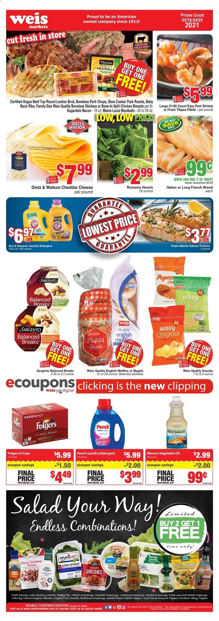 thumbnail - Weis Flyer - 03/18/2021 - 03/25/2021 - Sales products - bread, bagels, muffin, chicken breasts, beef meat, pork chops, pork meat, pork back ribs, salmon, tilapia, shrimps, english muffins, meatballs, bacon, Dietz & Watson, cheddar, cheese, Sargento, butter, sour cream, potato chips, chips, snack, ARM & HAMMER, vegetable oil, almonds, Folgers, coffee capsules, K-Cups, detergent, Persil, laundry detergent. Page 1.