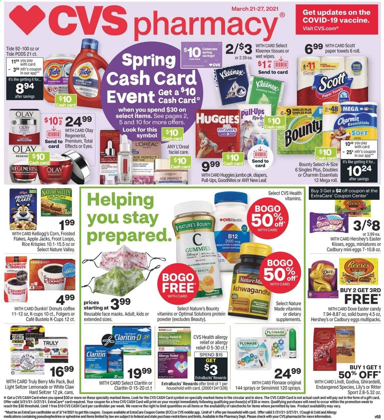 thumbnail - CVS Pharmacy Flyer - 03/21/2021 - 03/27/2021 - Sales products - Reese's, Hershey's, Lindt, Lindor, Bounty, Godiva, Kellogg's, Cadbury, Ritter Sport, Ghirardelli, corn, Rice Krispies, Frosted Flakes, Nature Valley, lemonade, seltzer water, coffee, Folgers, coffee capsules, K-Cups, Dunkin' Donuts, White Claw, Hard Seltzer, TRULY, Huggies, Dove, Kleenex, tissues, kitchen towels, paper towels, Charmin, wipes, Tide, L’Oréal, Olay, body lotion, Scott, Nature Made, Nature's Bounty, whey protein, allergy relief, dietary supplement, face mask, beer, Bud Light, donut. Page 1.
