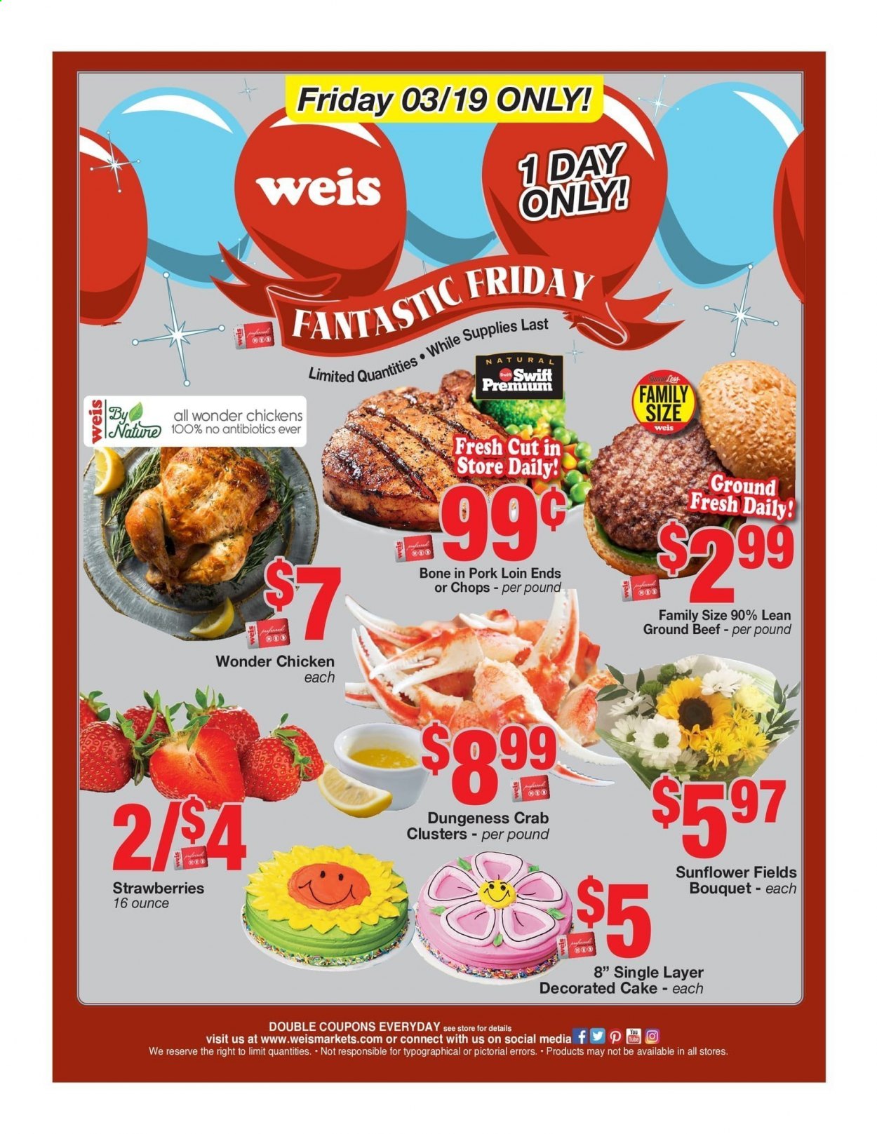 thumbnail - Weis Flyer - 03/19/2021 - 03/19/2021 - Sales products - cake, beef meat, ground beef, pork loin, pork meat, crab, strawberries, sunflower, bouquet. Page 2.