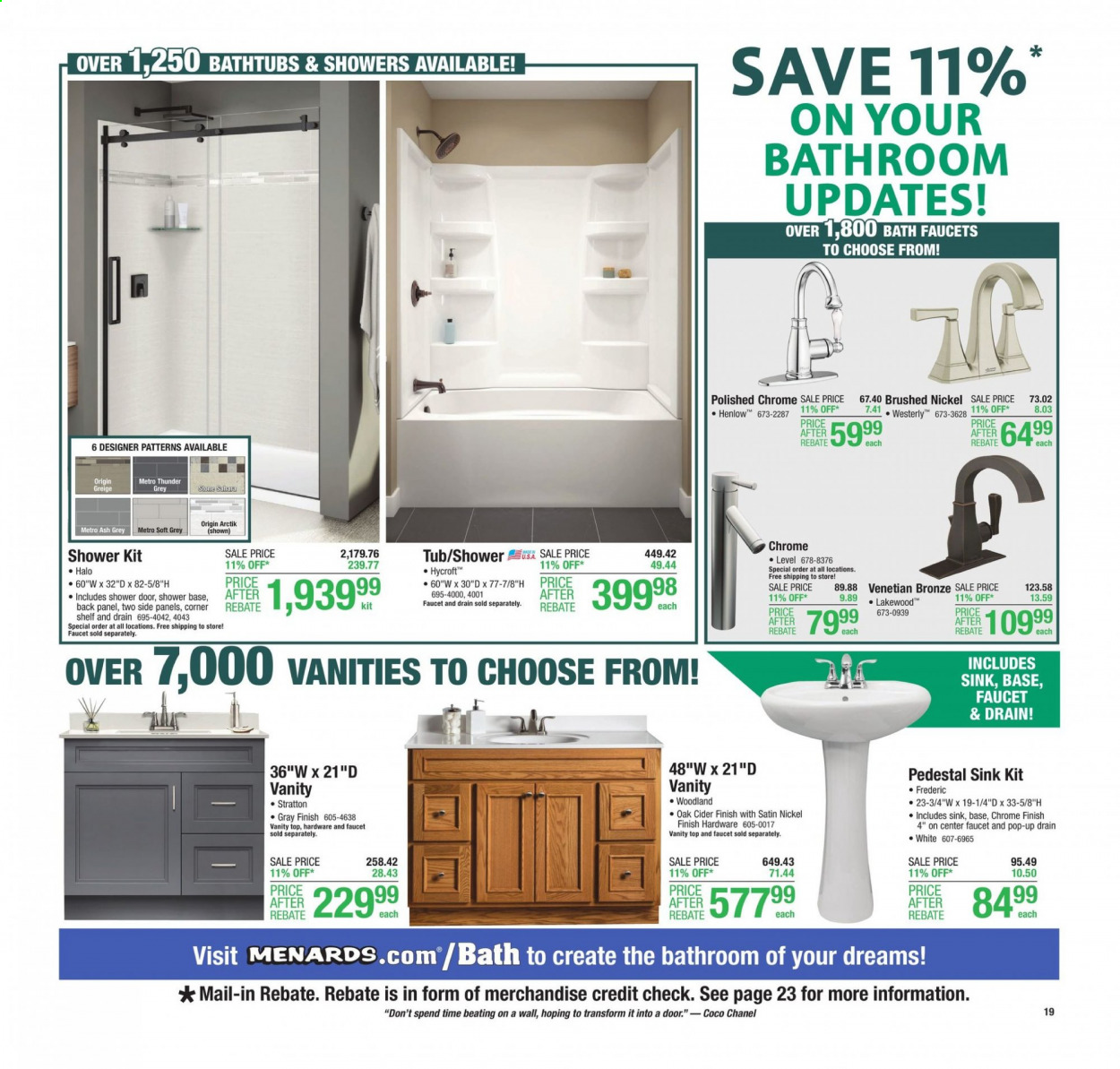 thumbnail - Menards Flyer - 03/18/2021 - 03/27/2021 - Sales products - faucet, apple cider, satin sheets, vanity, door. Page 19.