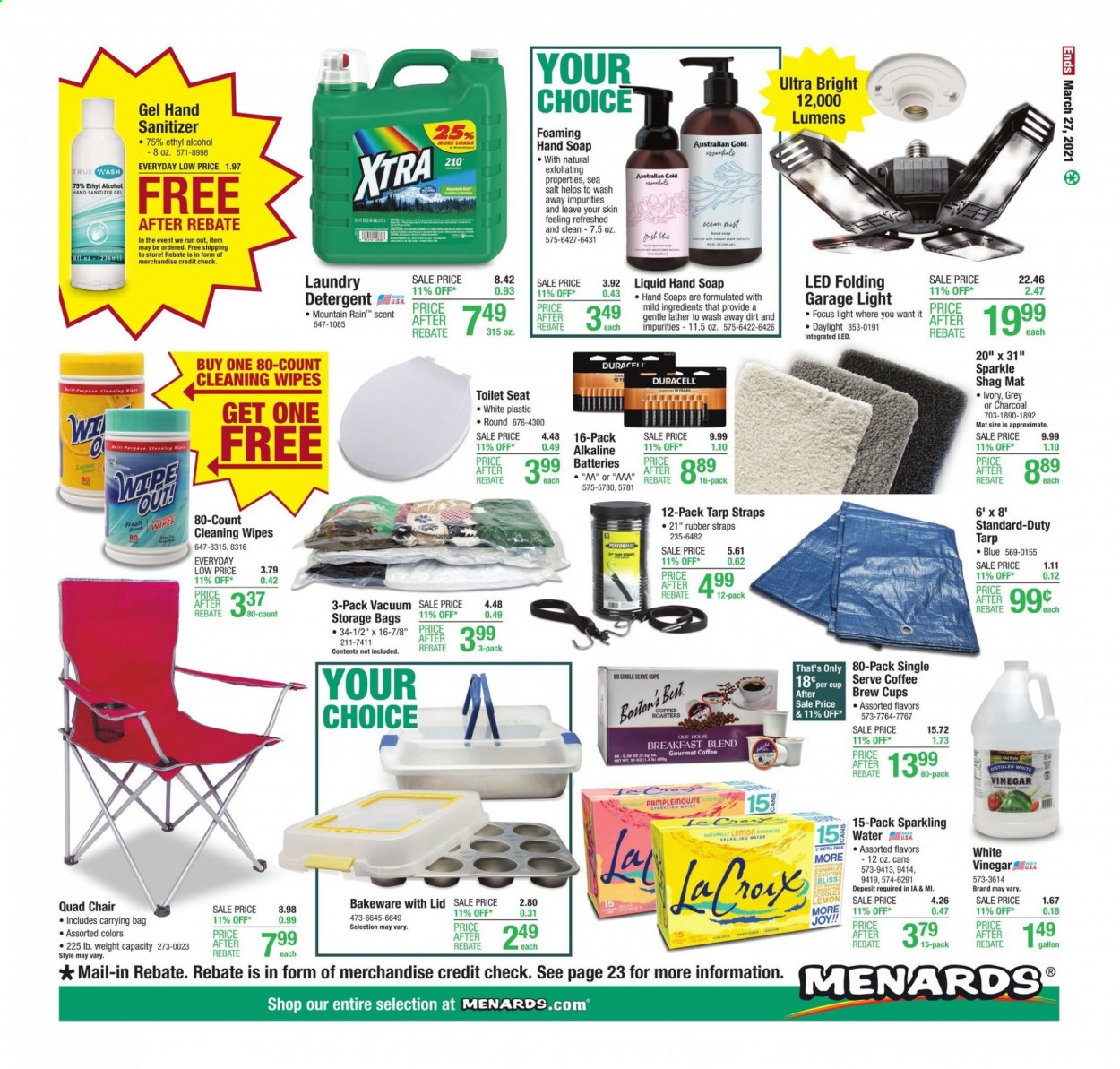 thumbnail - Menards Flyer - 03/18/2021 - 03/27/2021 - Sales products - toilet, sparkling water, cleansing wipes, detergent, wipes, XTRA, hand sanitizer, storage bag, cup, bakeware, battery, Duracell, alkaline batteries, chair, gallon, charcoal. Page 24.