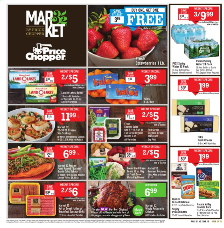 thumbnail - Price Chopper Flyer - 03/21/2021 - 03/27/2021 - Sales products - chili peppers, salmon, salmon fillet, scallops, salad, Quaker, sausage, brick cheese, cheese, beans, strawberries, oatmeal, granola bar, Nature Valley, Fiber One, peanut butter, spring water. Page 1.