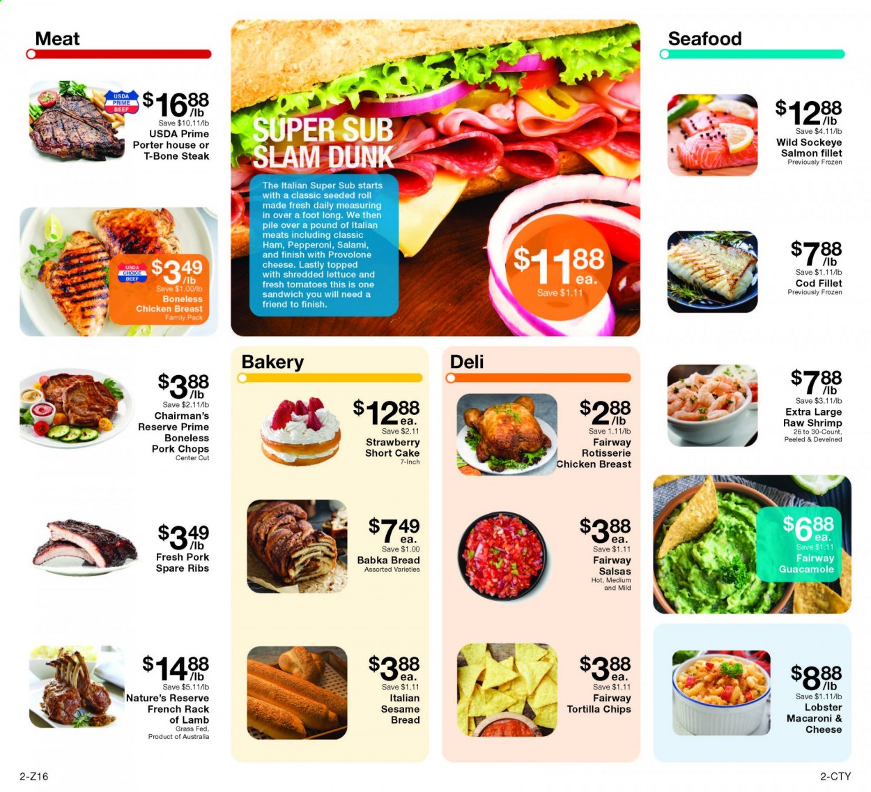 thumbnail - Fairway Market Flyer - 03/19/2021 - 03/25/2021 - Sales products - lettuce, bread, cake, cod, lobster, salmon, salmon fillet, seafood, shrimps, macaroni & cheese, sandwich, salami, ham, pepperoni, guacamole, tortilla chips, chicken breasts, beef meat, t-bone steak, steak, pork chops, pork meat, pork spare ribs, lamb meat, rack of lamb. Page 2.