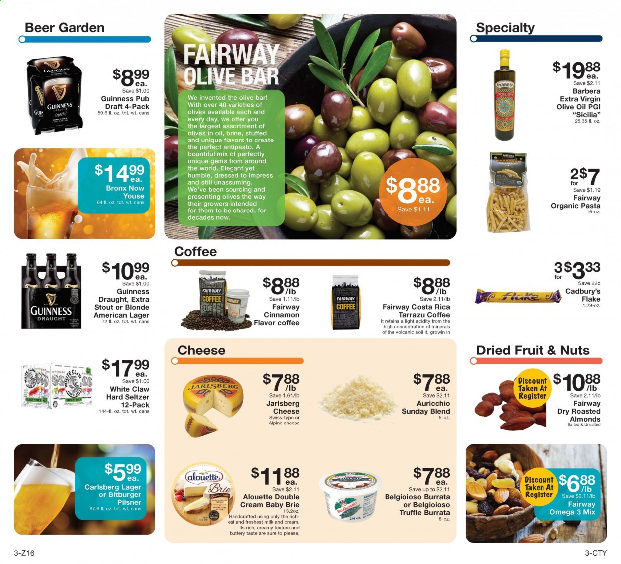 thumbnail - Fairway Market Flyer - 03/19/2021 - 03/25/2021 - Sales products - cheese, brie, milk, truffles, Cadbury, olives, pasta, cinnamon, extra virgin olive oil, olive oil, almonds, dried fruit, seltzer water, coffee, White Claw, Hard Seltzer, beer, Carlsberg, Guinness, Lager. Page 3.